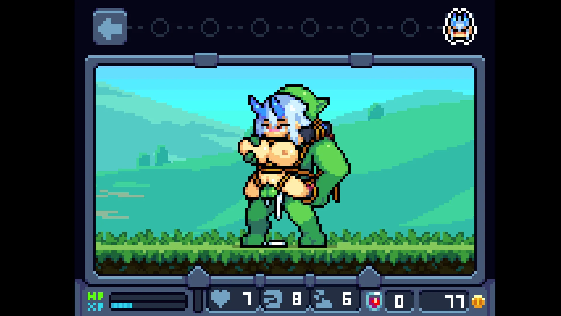 草原を背景に緑の服を着たキャラクターが立つドット絵のゲーム画面
