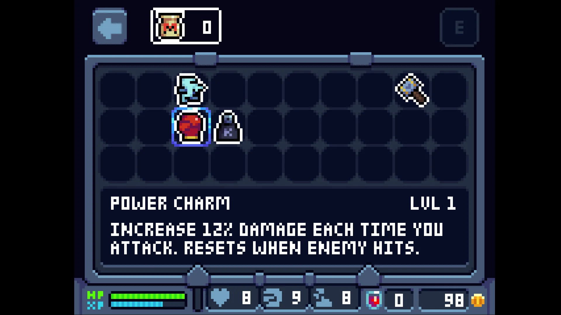 「POWER CHARM」の説明が表示されたゲームのアイテム画面