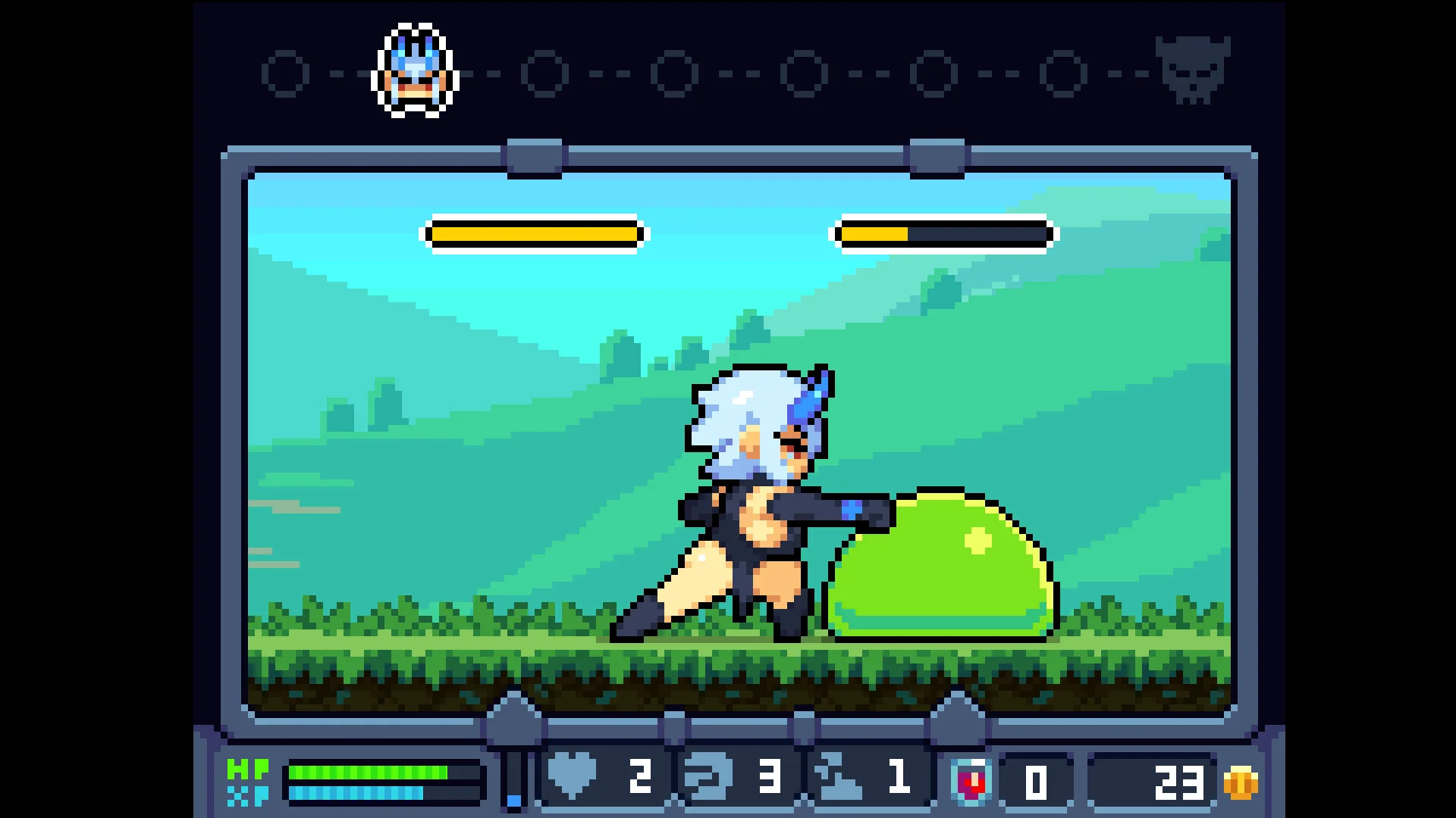ピクセルアートのゲーム画面で、キャラクターが緑色の敵と戦う様子