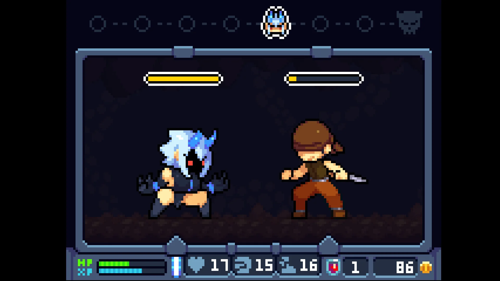 ピクセルアートで描かれた2人のキャラクターの戦闘画面