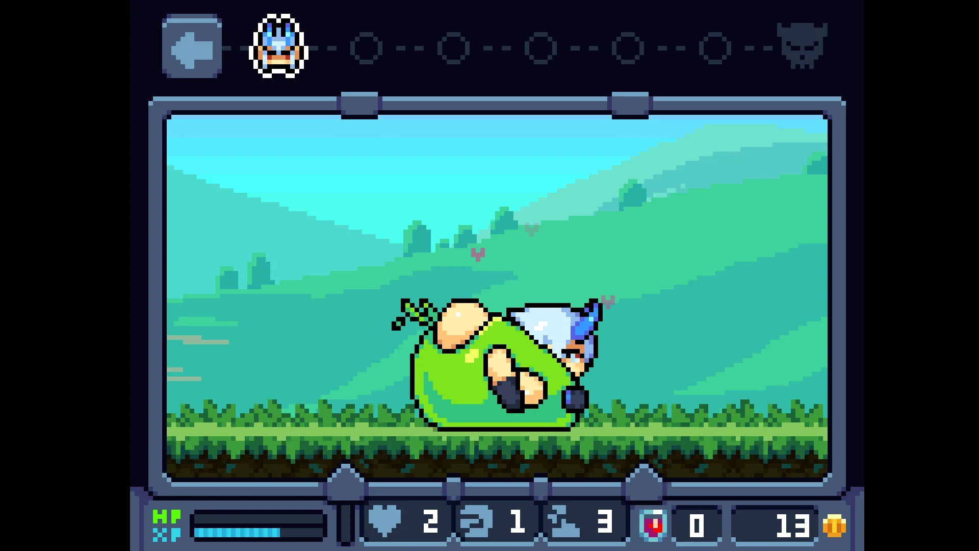 草原に立つ緑色の丸いキャラクターとゲーム画面の表示