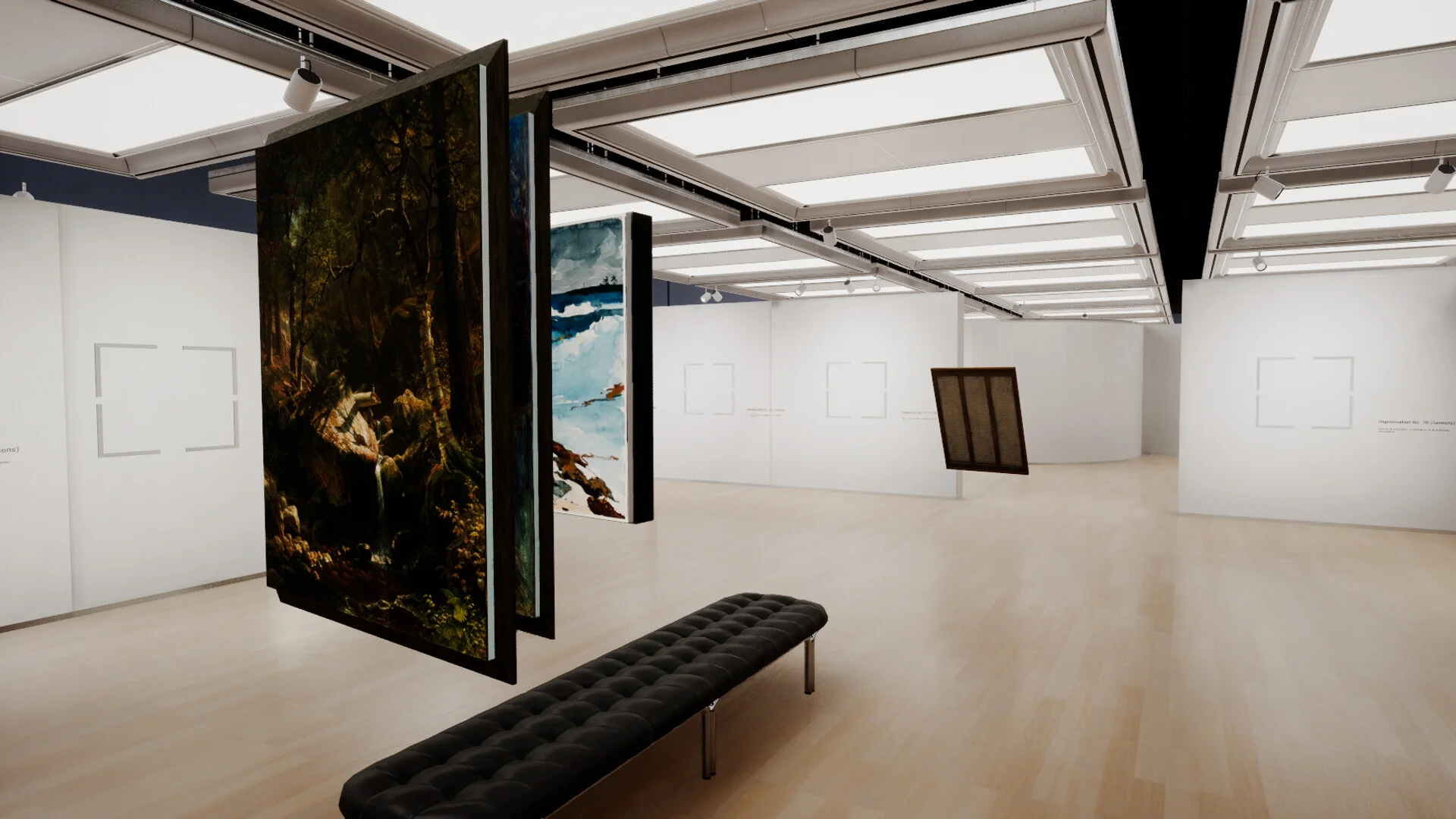 展示室に吊り下げられた複数の絵画と手前のベンチ