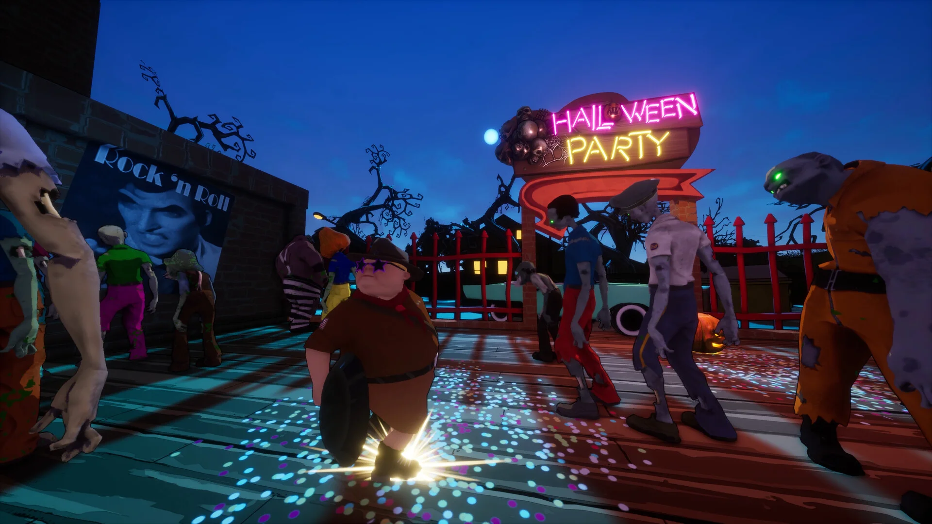 夜のハロウィンパーティー会場でゾンビたちが集まるゲーム画面