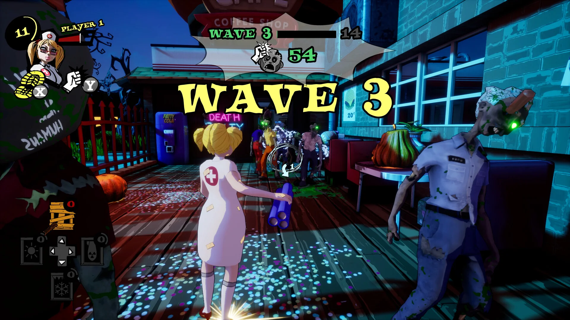 WAVE 3と表示されたゲーム画面。ナース姿の女性キャラとゾンビ