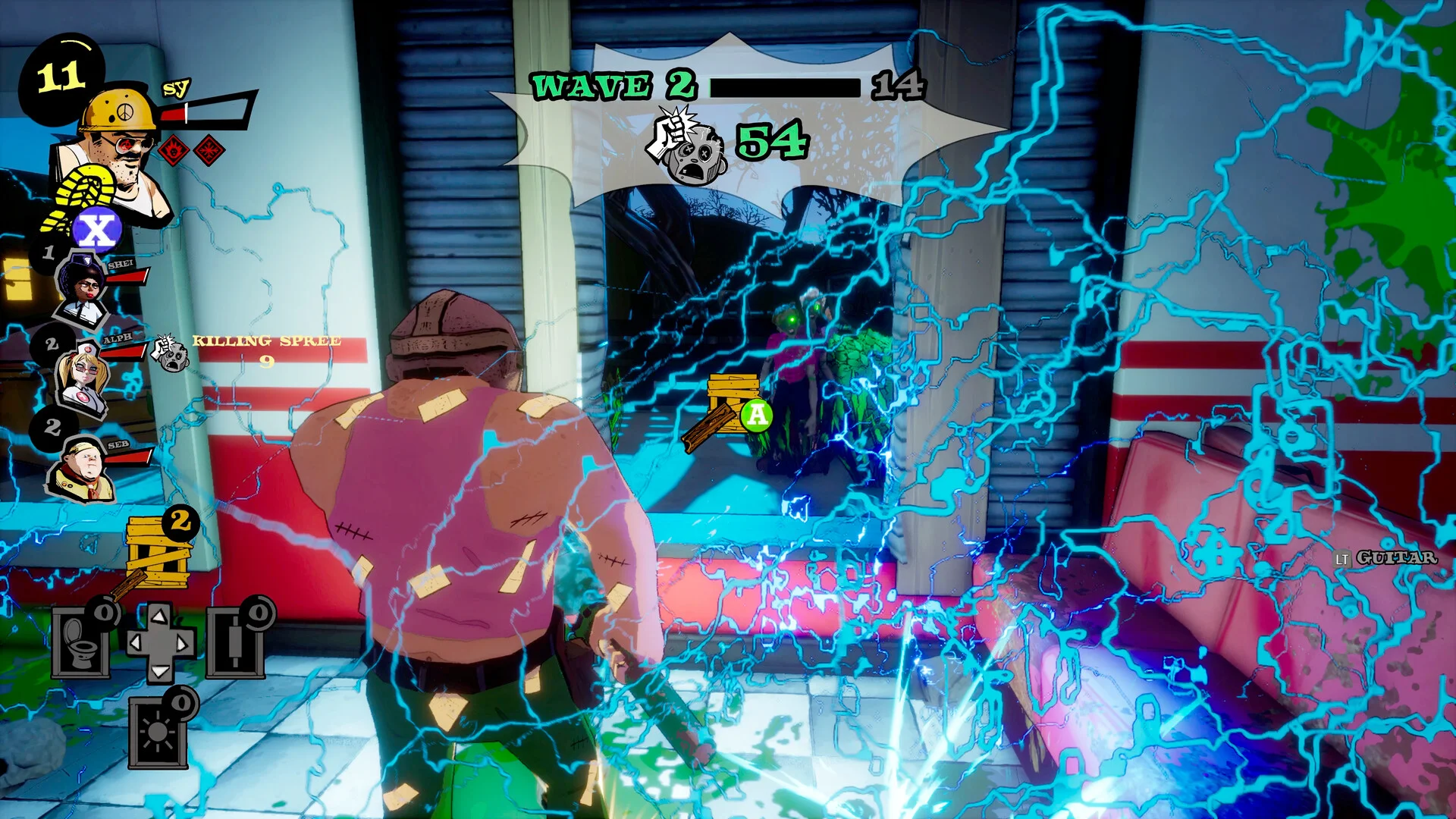 青い電撃が走るゲーム画面。WAVE 2、ヘルメットの男性キャラクターが店内で戦う