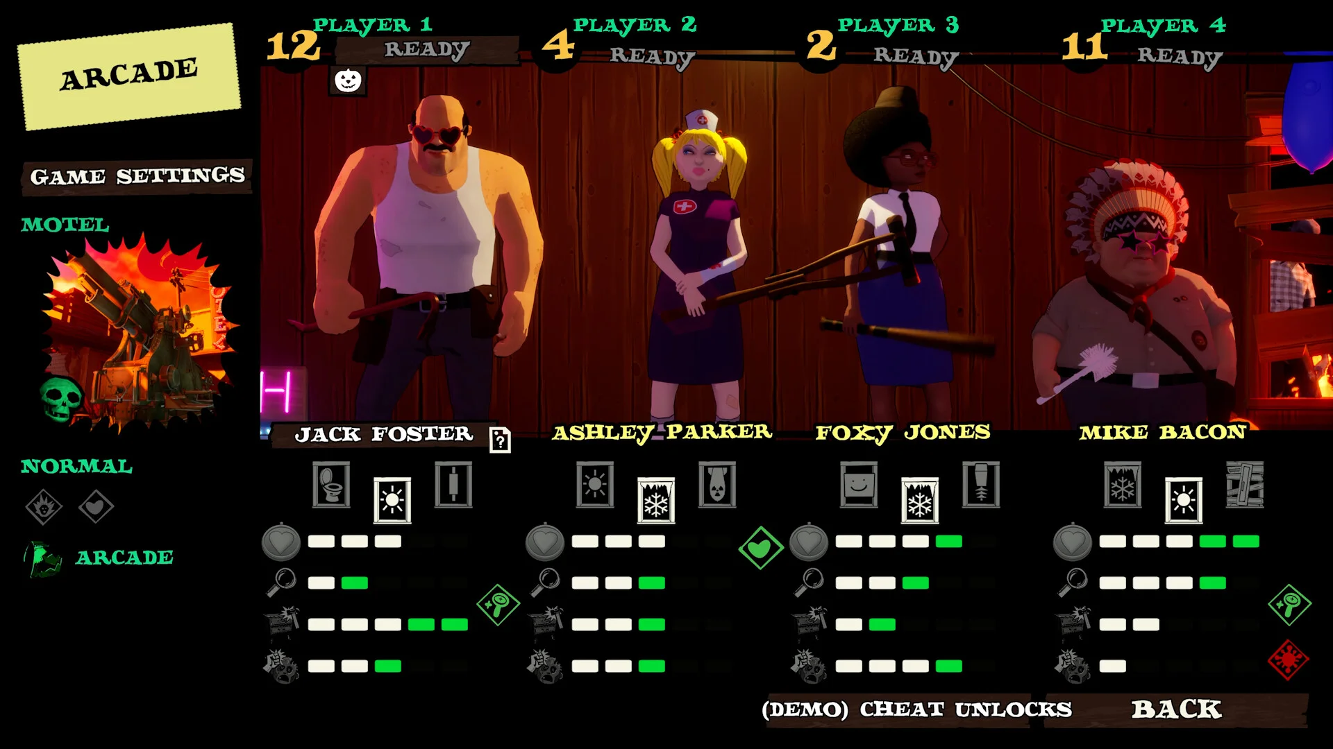 ARCADEモードのキャラクター選択画面。JACK FOSTERら4人が並ぶ