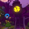 紫の夜空に時計塔と風車、木の家が並ぶゲーム画面