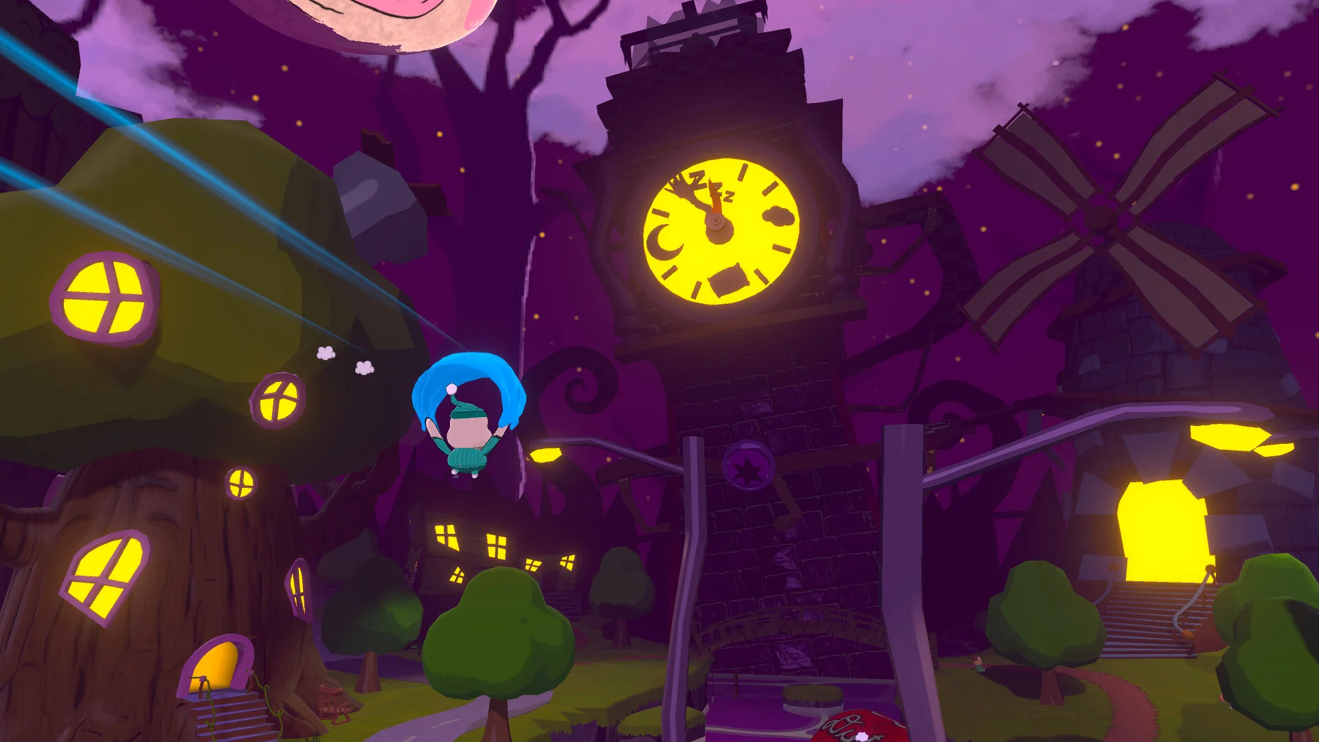 紫の夜空に時計塔と風車、木の家が並ぶゲーム画面