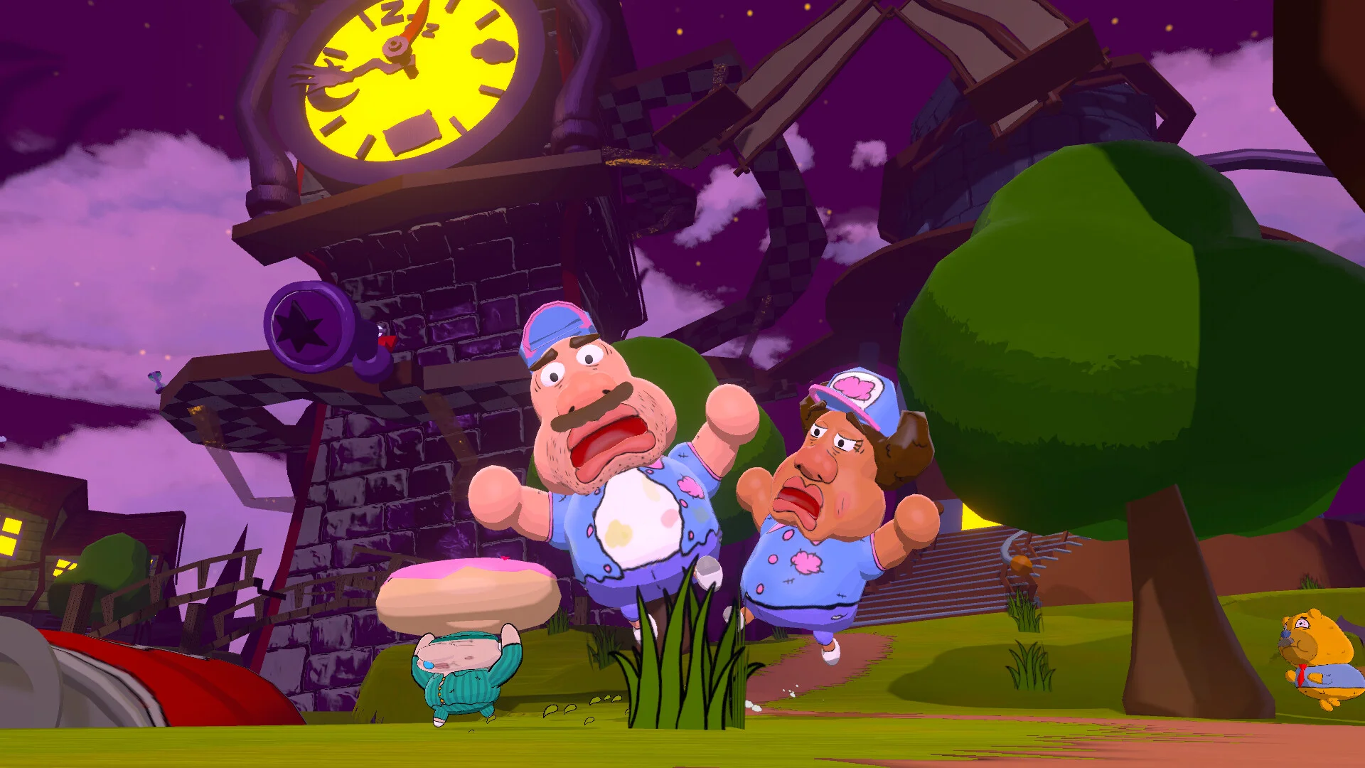 紫の夜空の時計塔の前で、青い帽子の2人のキャラクターが叫ぶゲーム画面