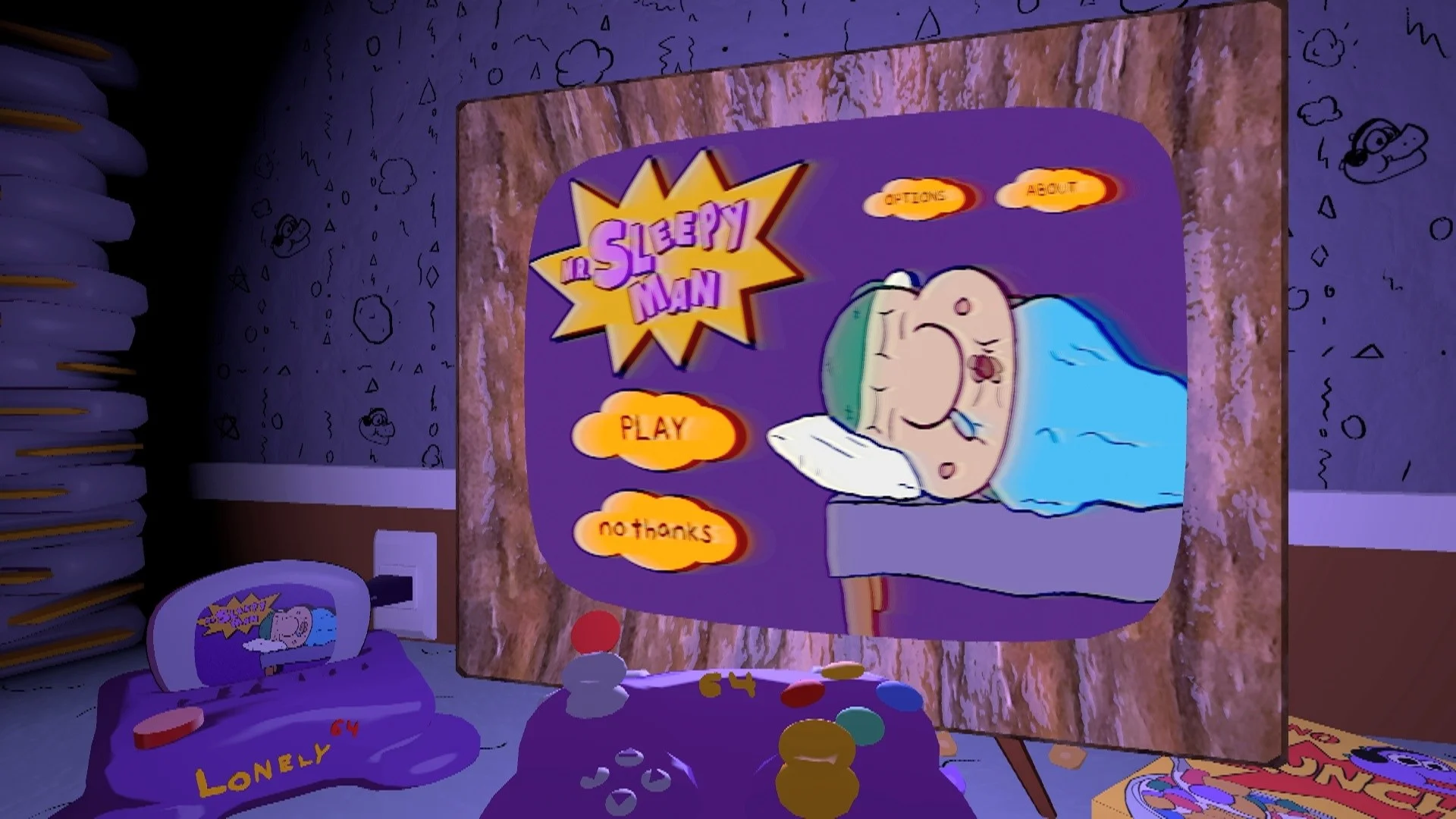 Sleepy Man のメニュー画面。PLAYとno thanksのボタン、ベッドで眠る男性