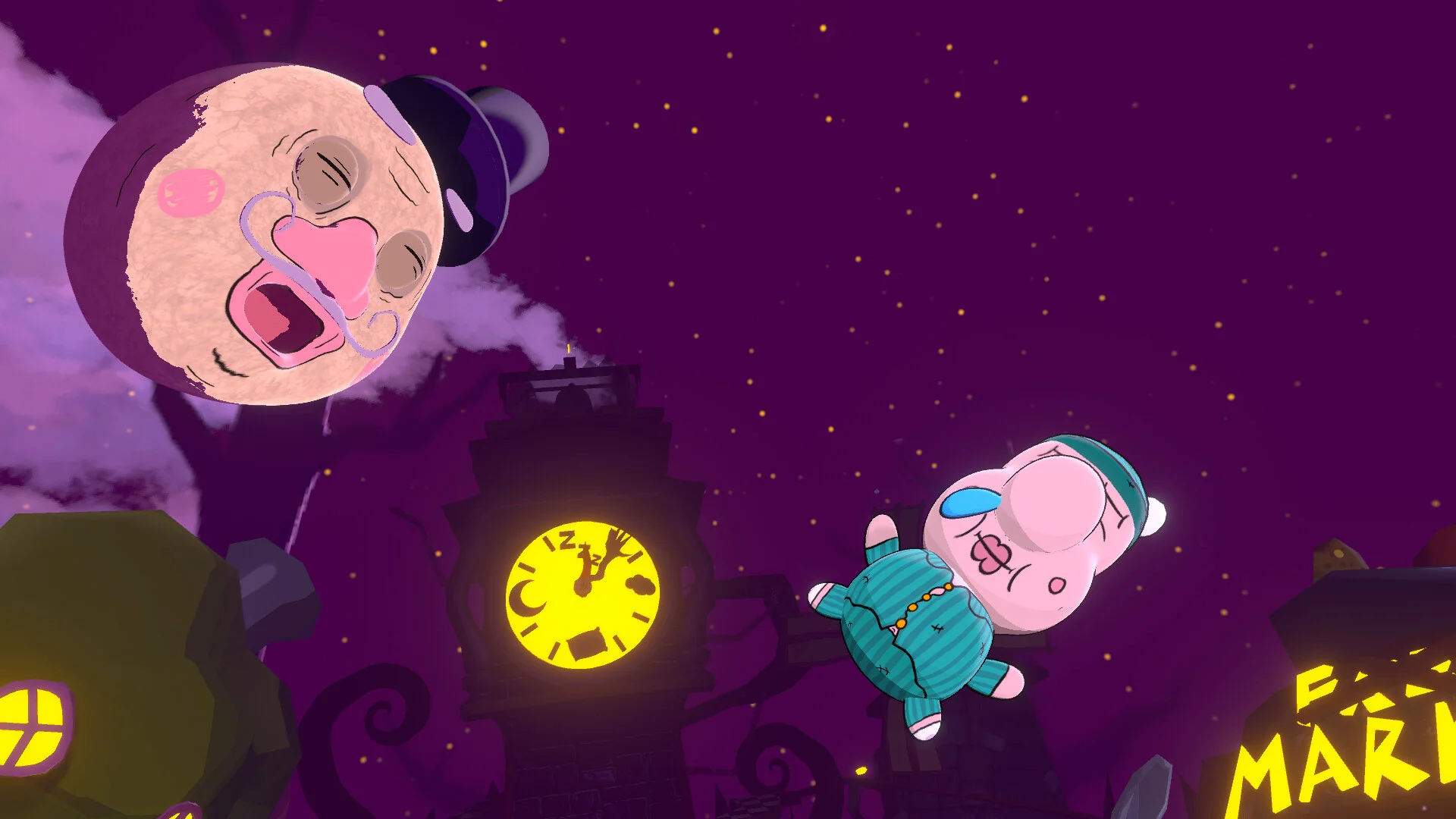紫の夜空に浮かぶ顔の気球と、時計塔の前で眠る青い服のブタのキャラクター