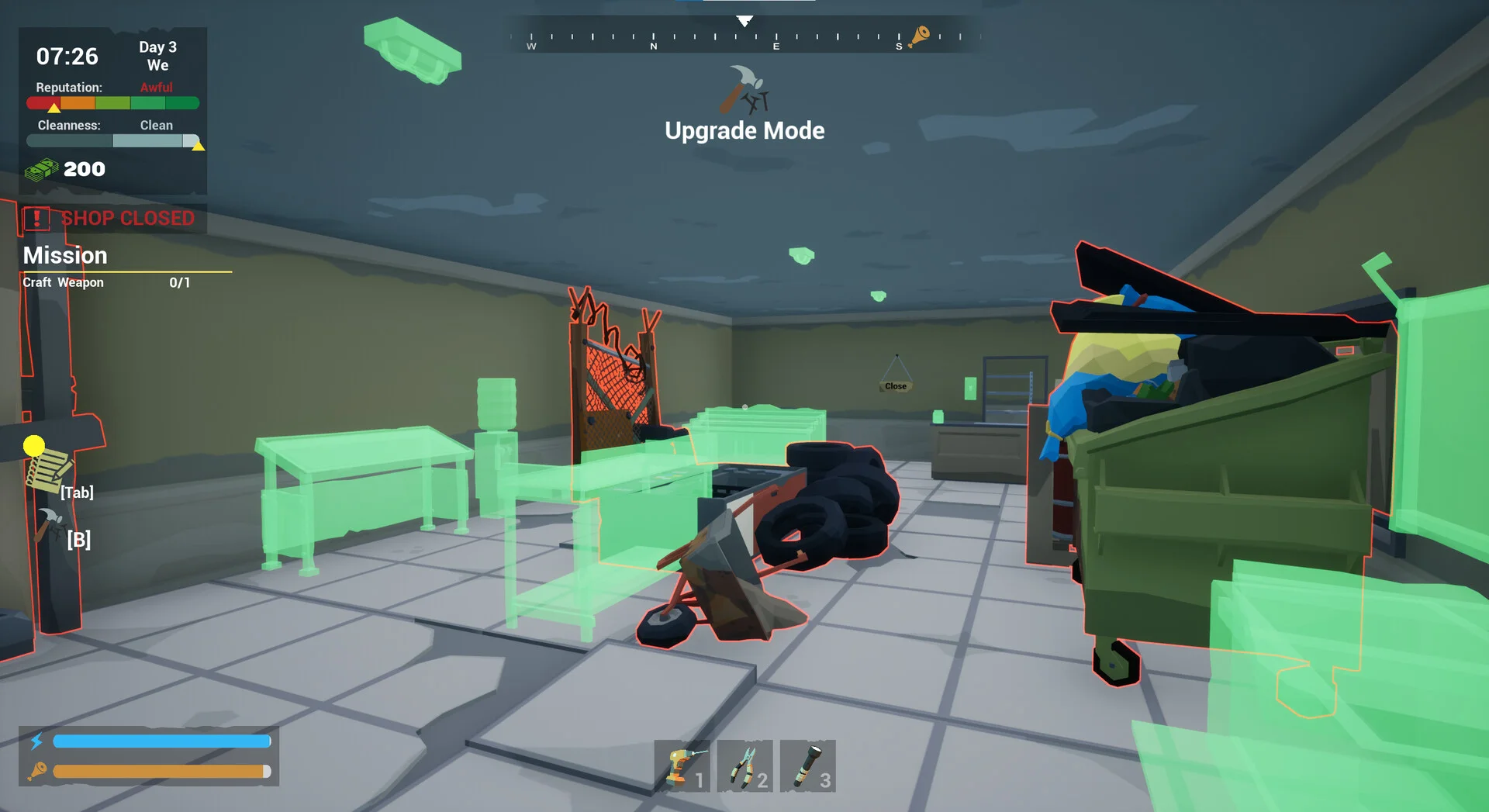 Upgrade Modeで緑のハイライト表示された家具や台車、ゴミ箱がある室内のゲーム画面