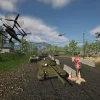 戦車とドローンが並ぶ検問所のゲーム画面