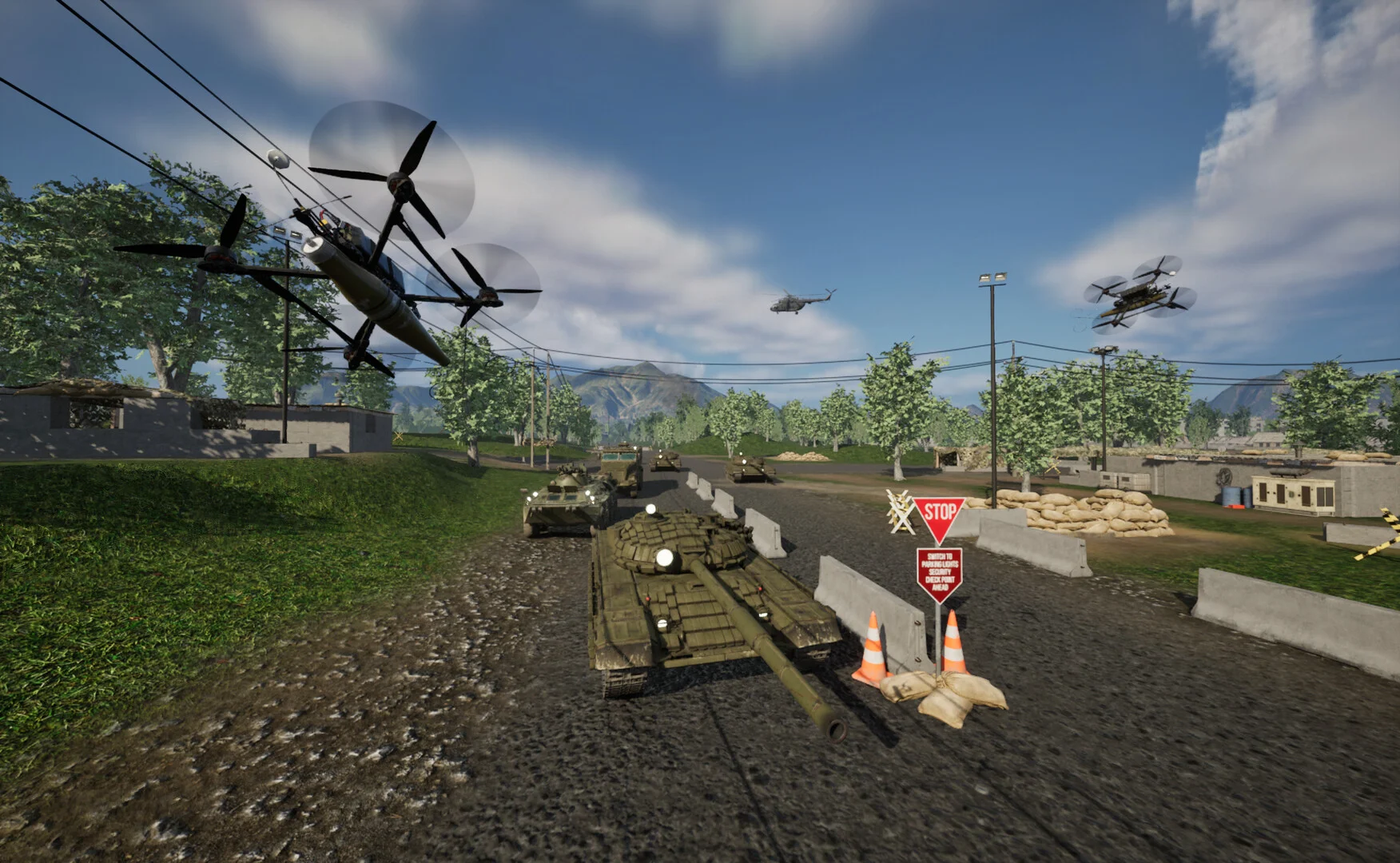 戦車とドローンが並ぶ検問所のゲーム画面
