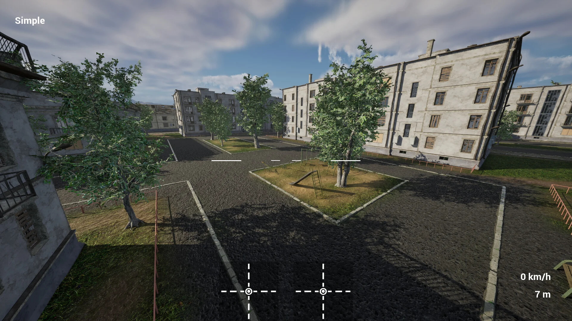 木々と古い集合住宅が並ぶ屋外の街並みのゲーム画面