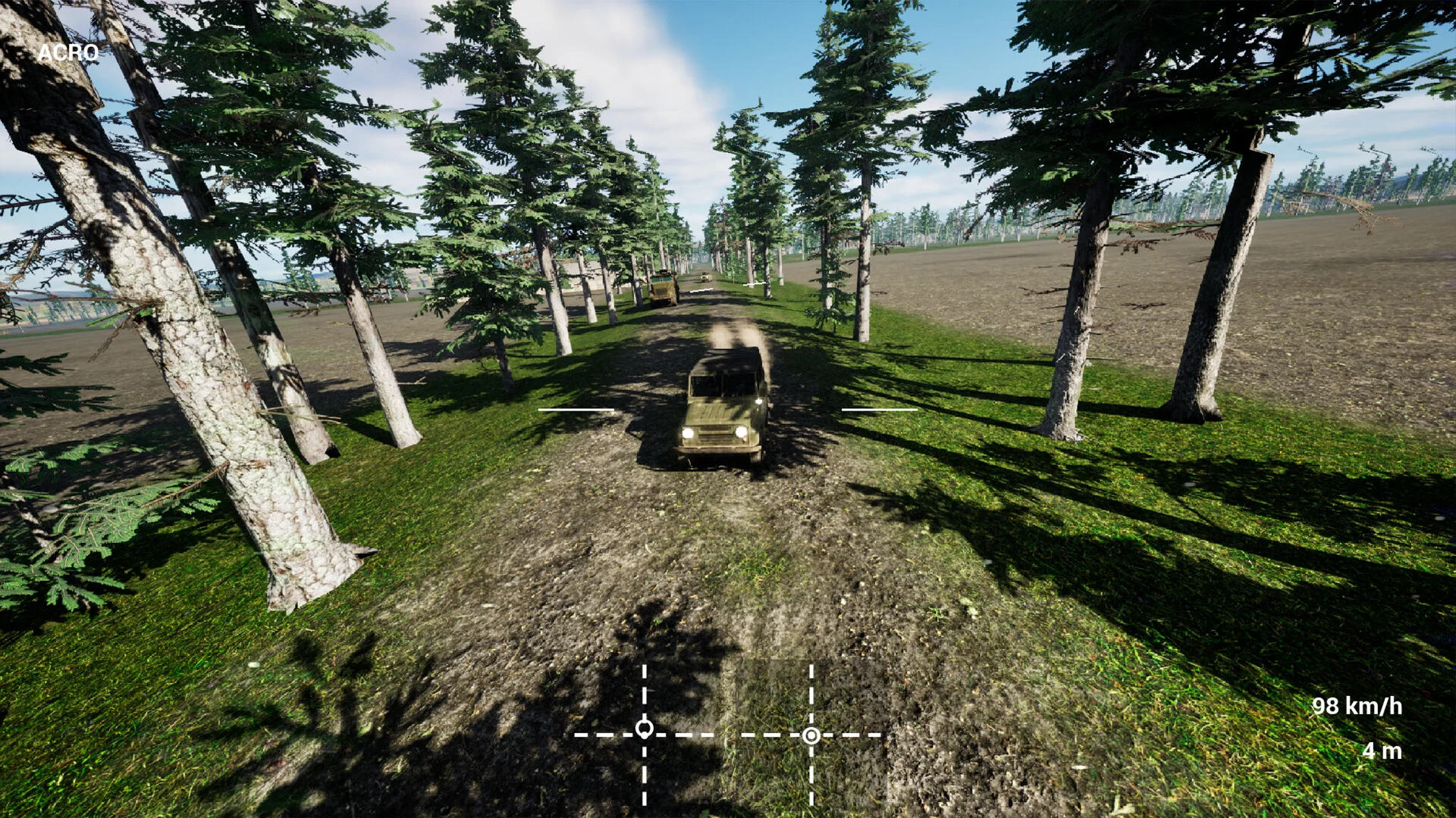 木々に挟まれた未舗装路を走る軍用風の緑の車両のゲーム画面