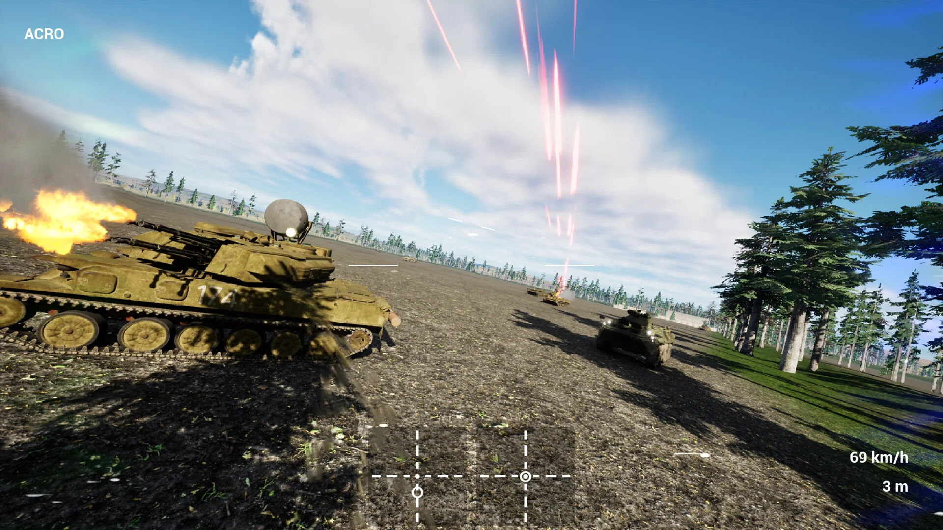 砲口から炎を上げる戦車と遠方の戦車、赤い光線が空に伸びるゲーム画面