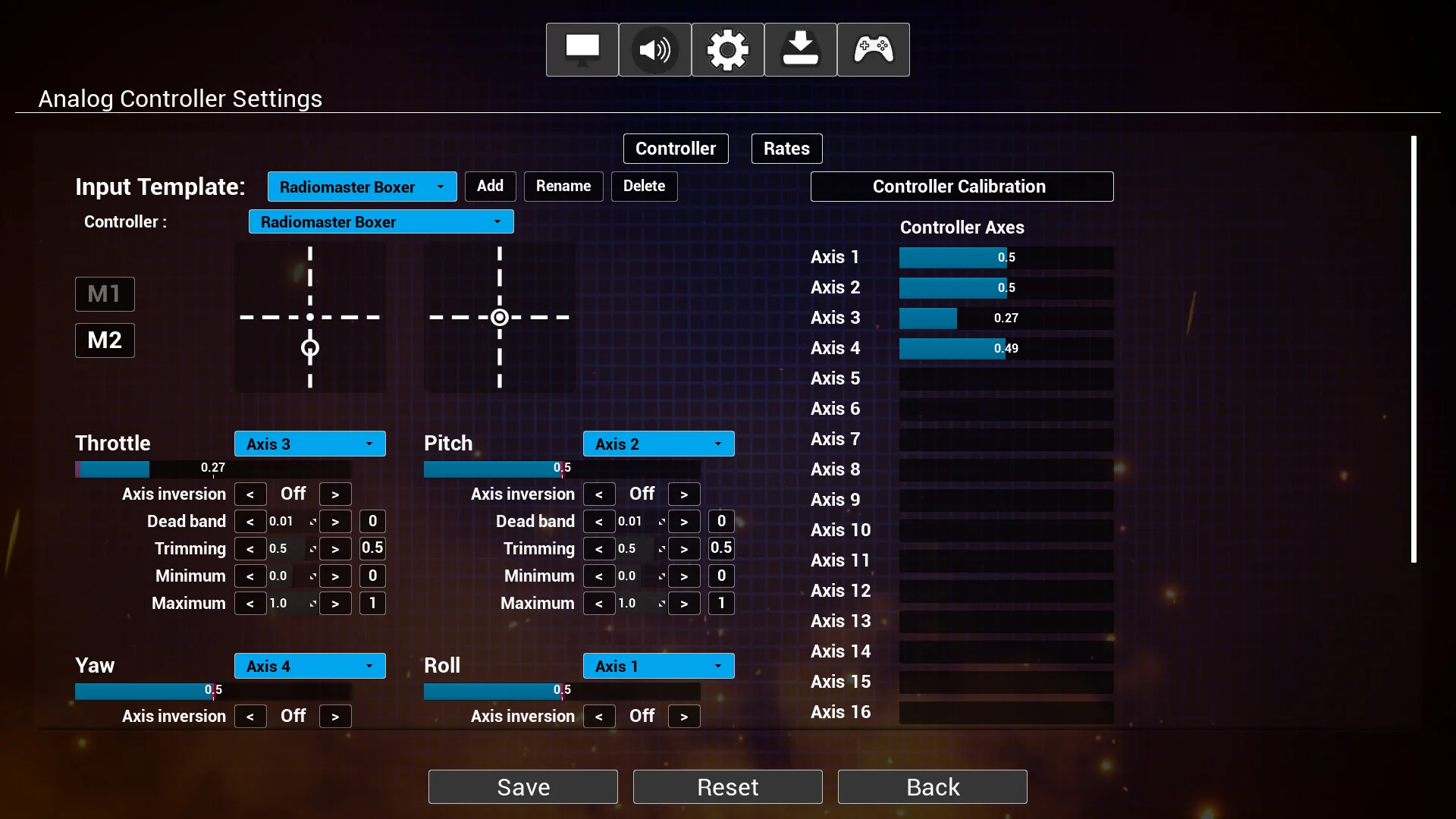 Analog Controller Settings画面。Radiomaster Boxerの軸割り当て設定