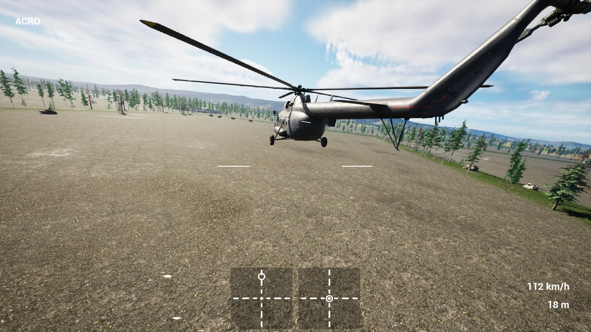 草地の上を低空飛行する灰色のヘリコプターのゲーム画面