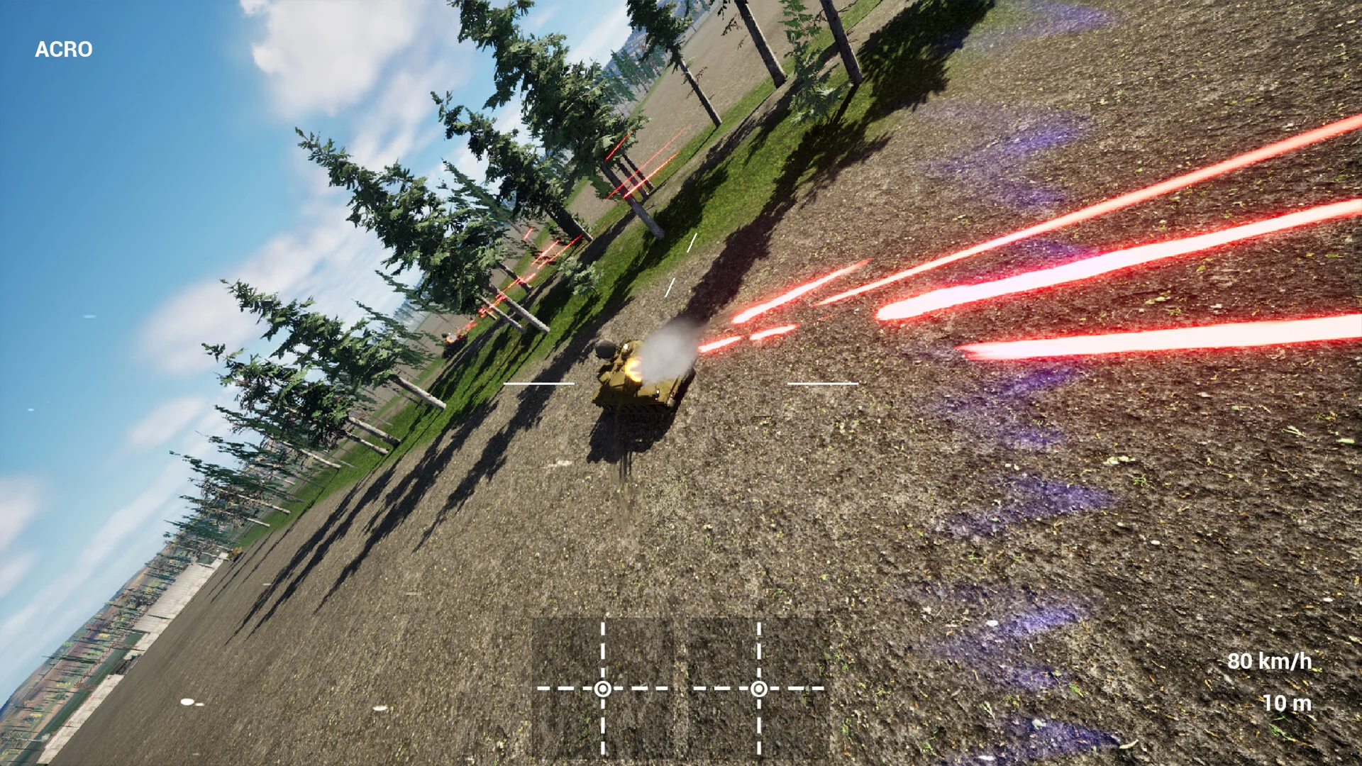 ACROモードのFPV視点で黄色い機体を追う、赤いレーザー光線が飛ぶ屋外ゲーム画面