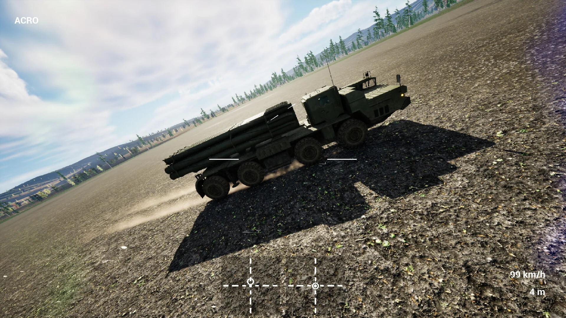 草原を走行する緑色の多連装ロケット発射車両のゲーム画面