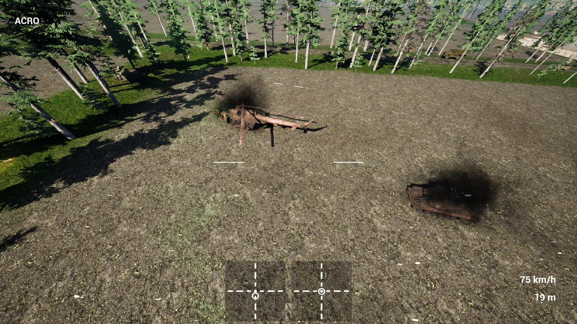 木々に囲まれた地面に黒煙を上げる残骸が2つ見えるゲーム画面