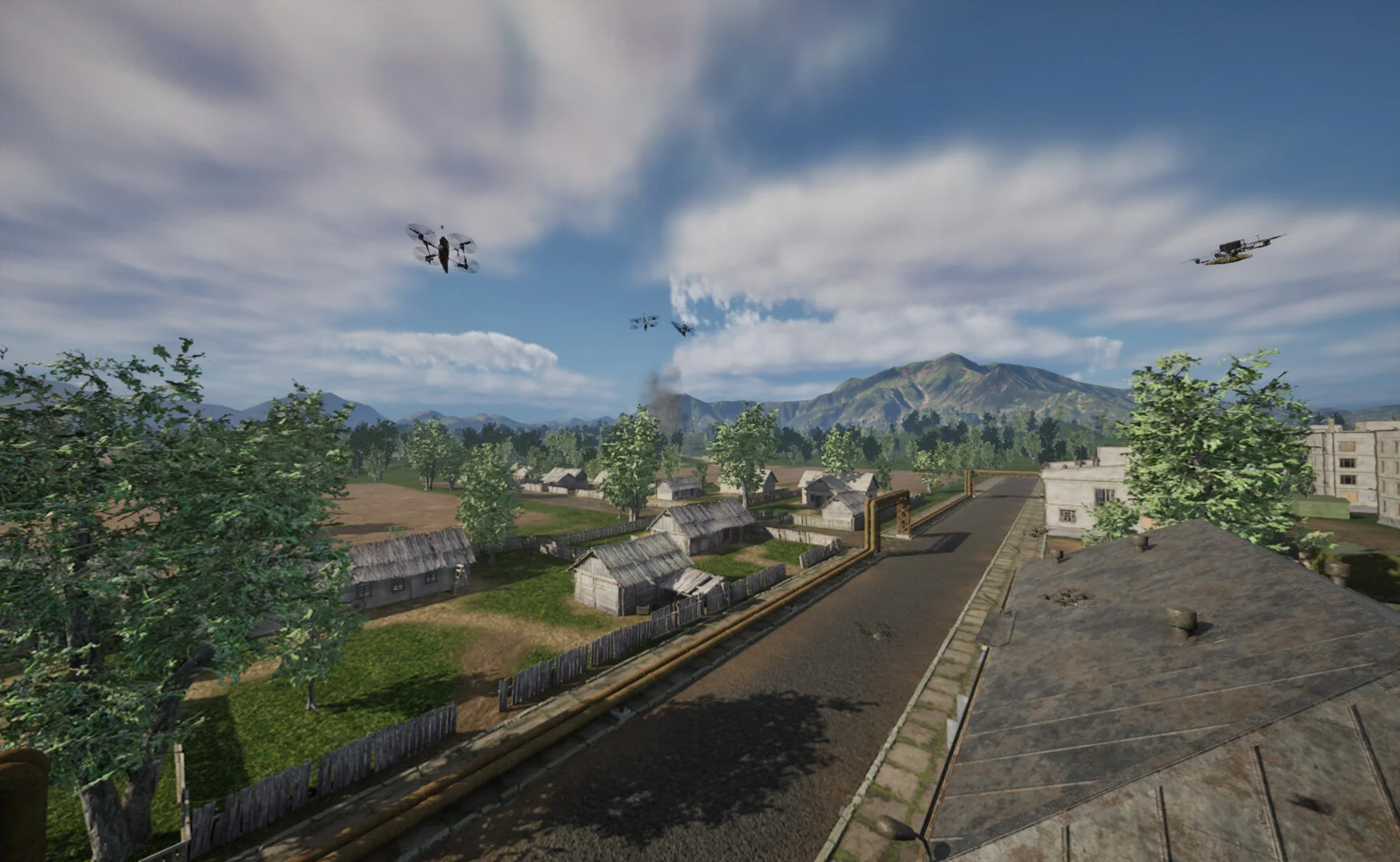 屋根から見下ろす村の道と空を飛ぶドローンのゲーム画面
