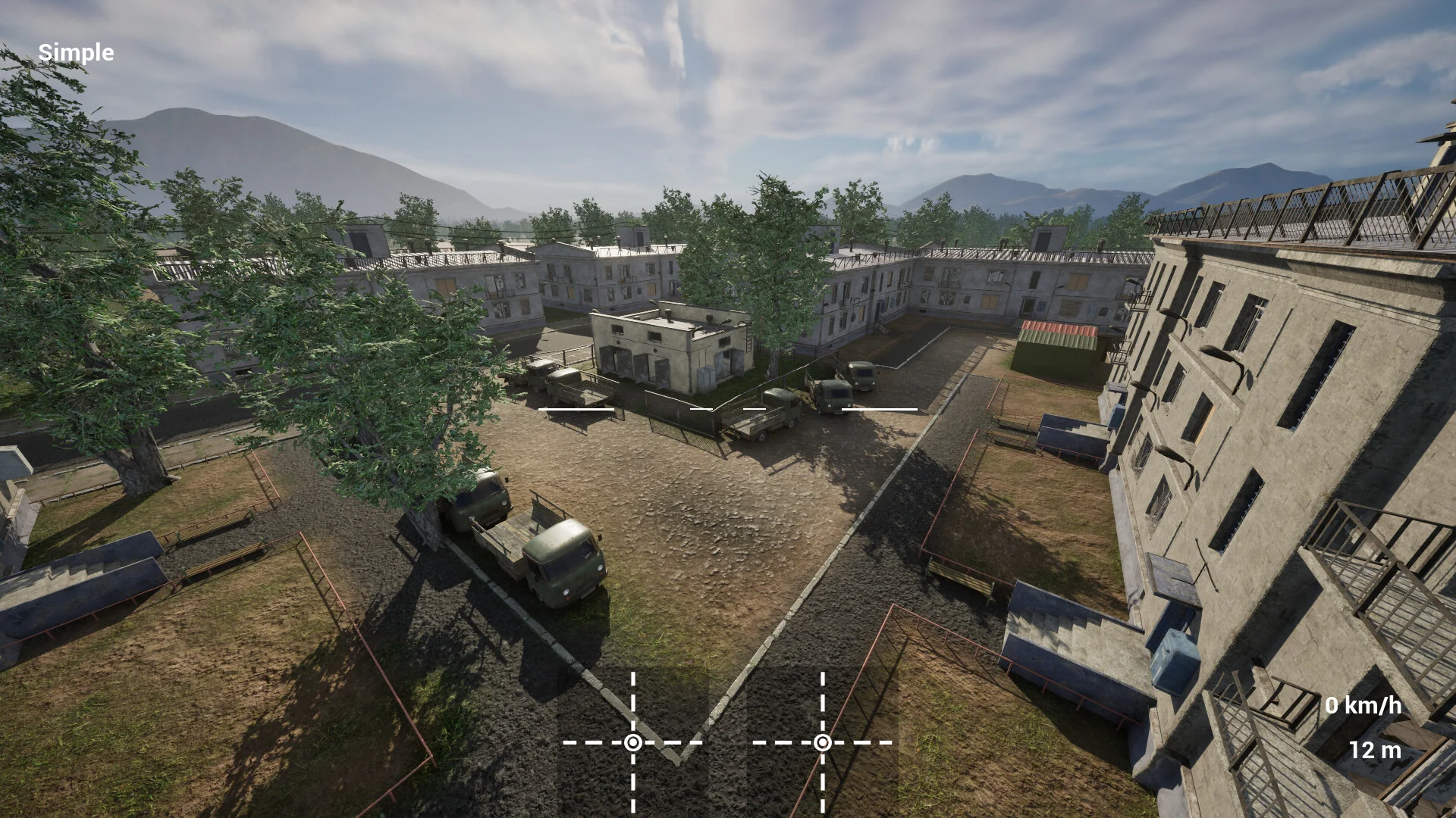 トラックが停まる集合住宅の中庭を見下ろしたゲーム画面