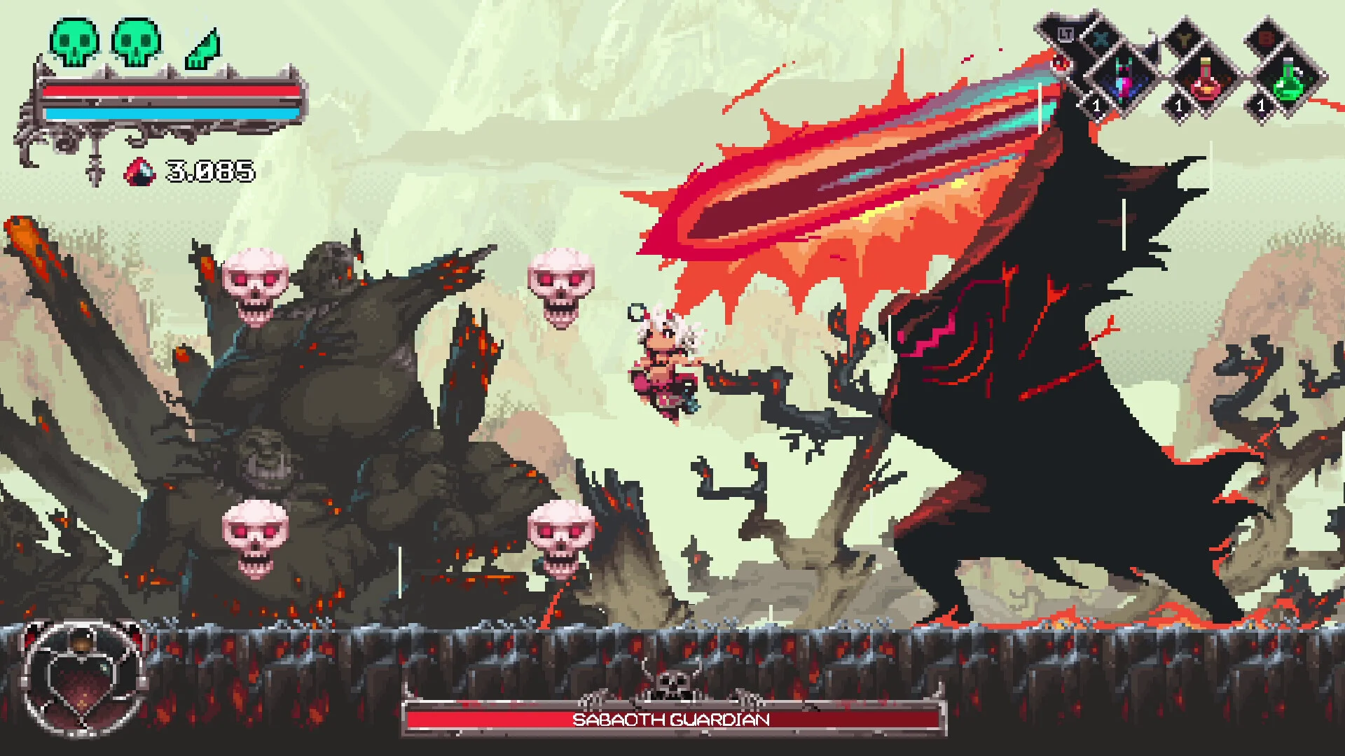 ドット絵アクションゲームのボス戦画面。SABAOTH GUARDIANと戦う場面
