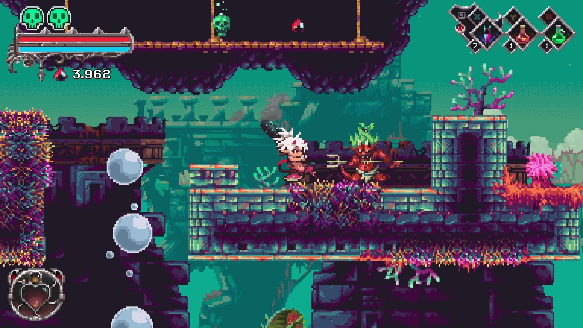 ピクセルアート2Dアクションゲームのプレイ画面。白髪の戦士と赤い敵が石の足場で対峙
