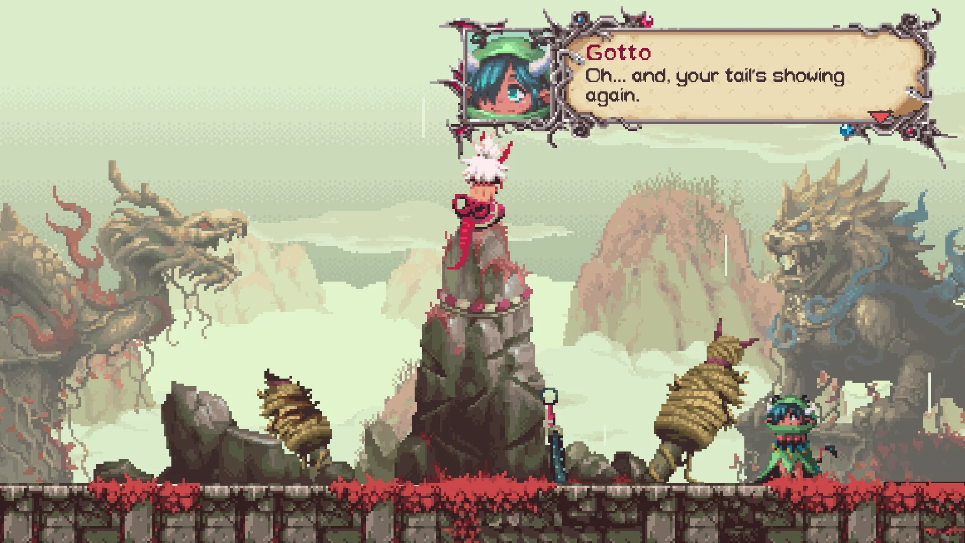 ピクセルアートのゲーム画面。岩の上のキャラと会話ウィンドウ