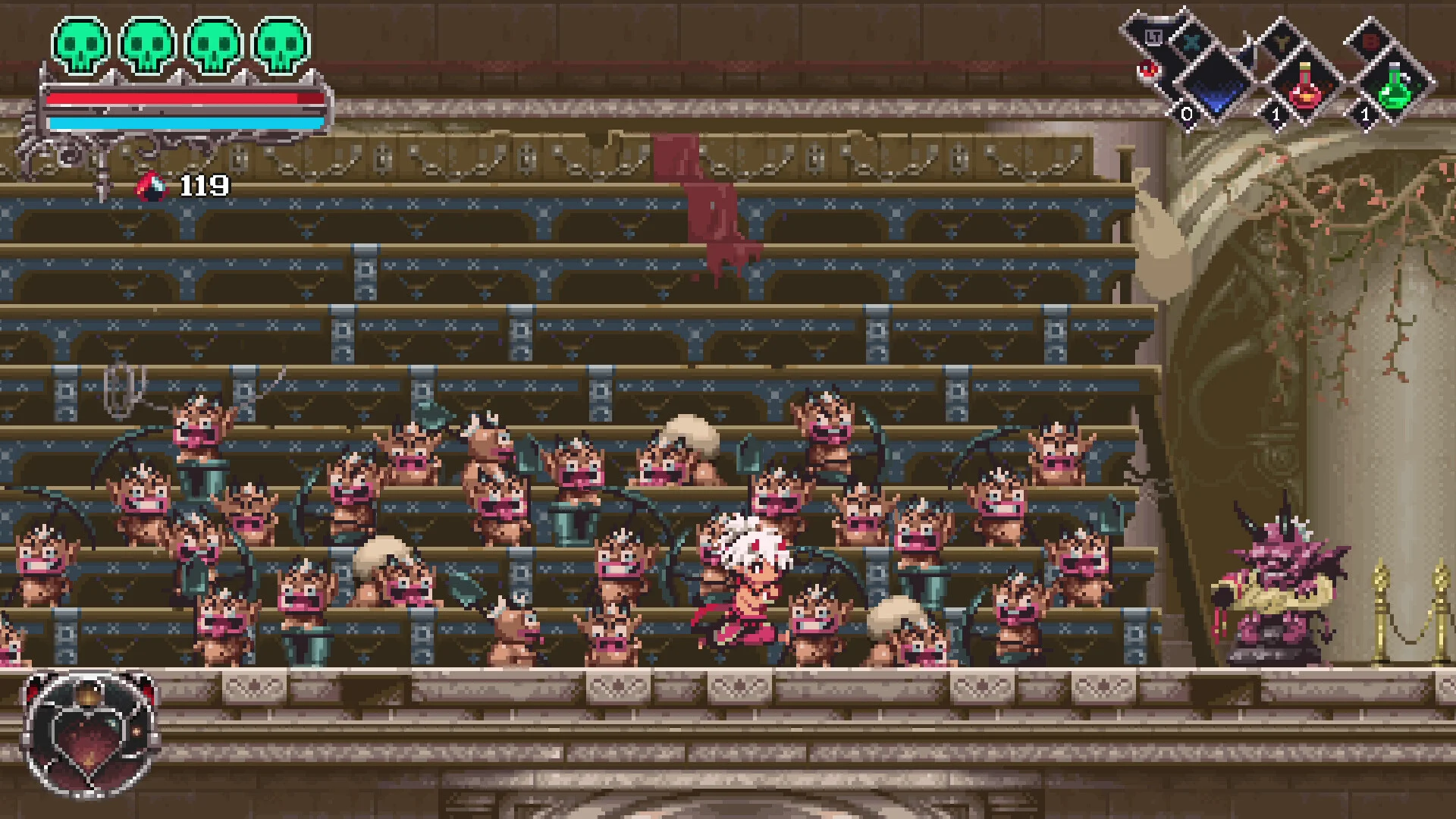 観客席に並ぶ小さな魔物たちの中を進む白髪のキャラクターのゲーム画面