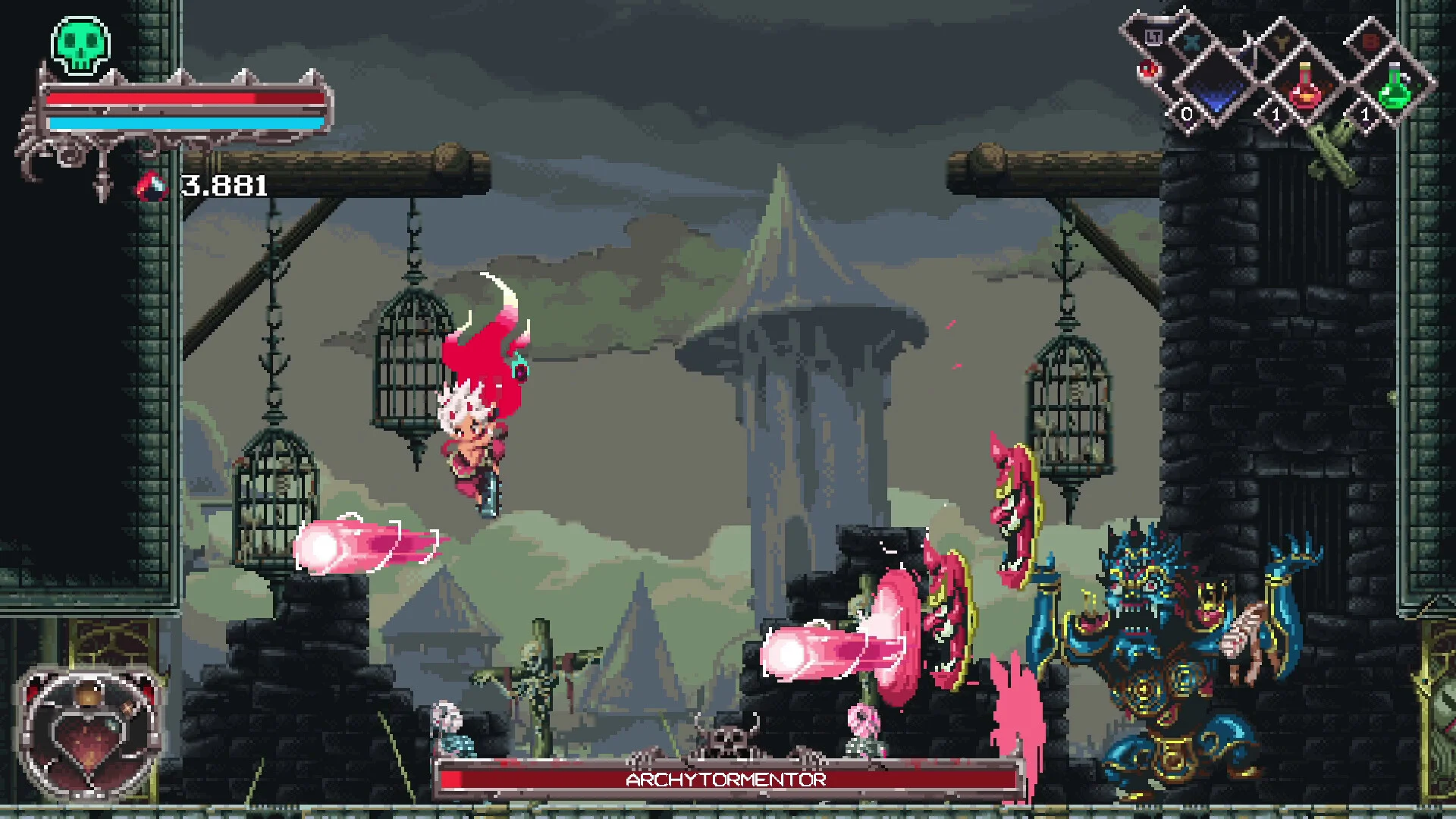 ARCHYTORMENTORとのボス戦を描くドット絵アクションゲーム画面