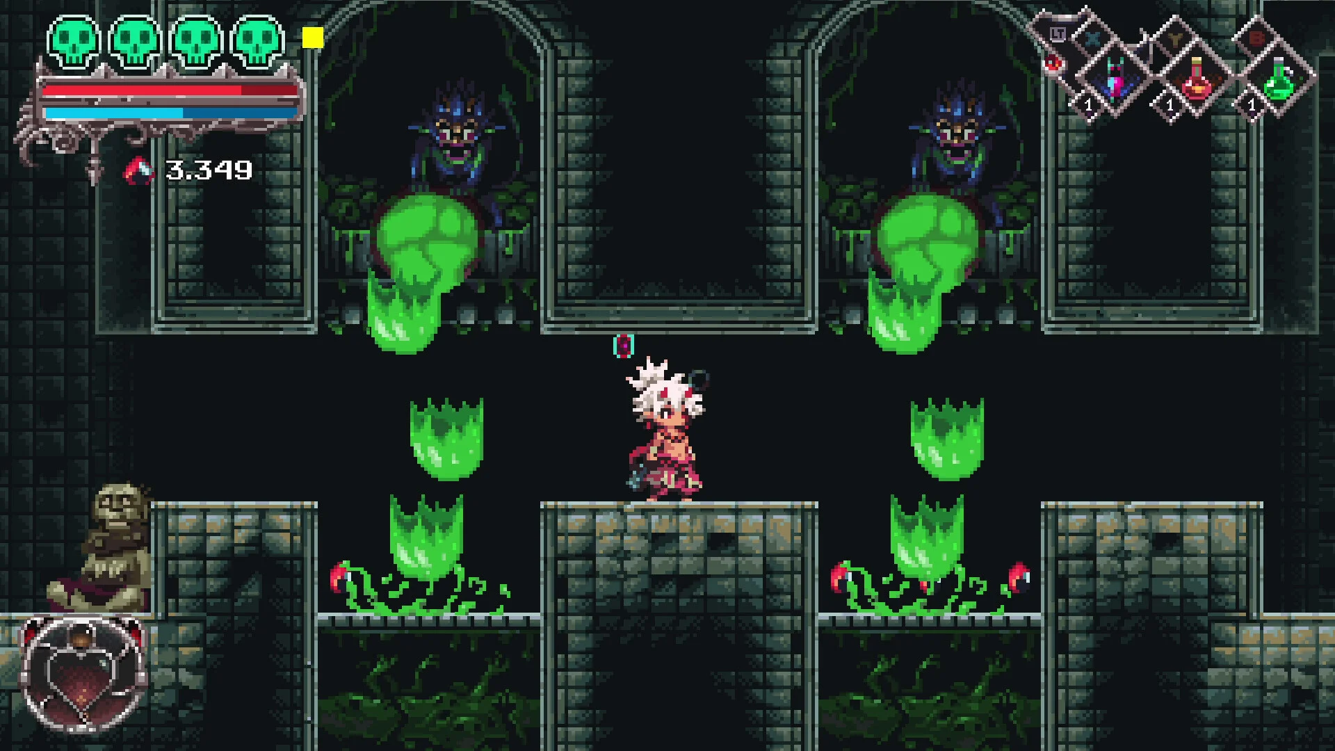 ドット絵アクションゲームの画面。白髪の主人公と緑の液体、石壁