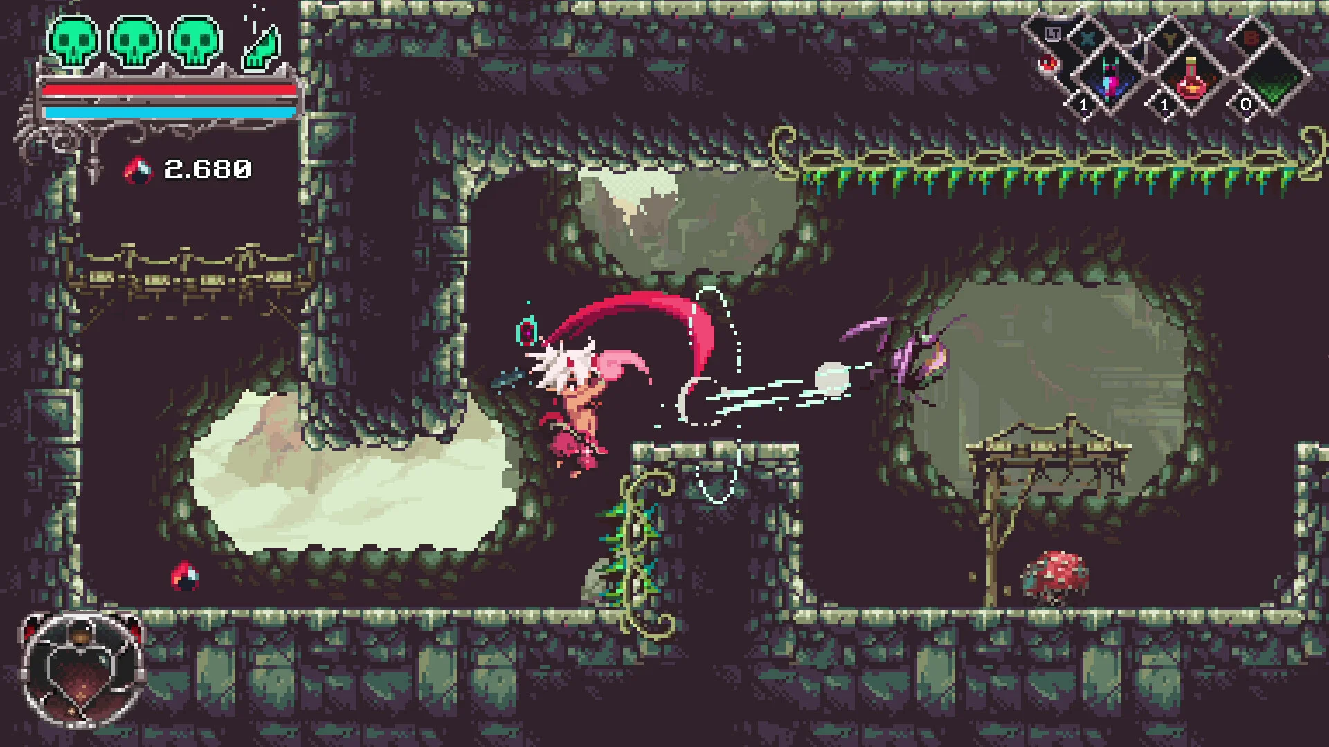 白髪の主人公が赤い武器で敵を攻撃する2Dドット絵のゲーム画面