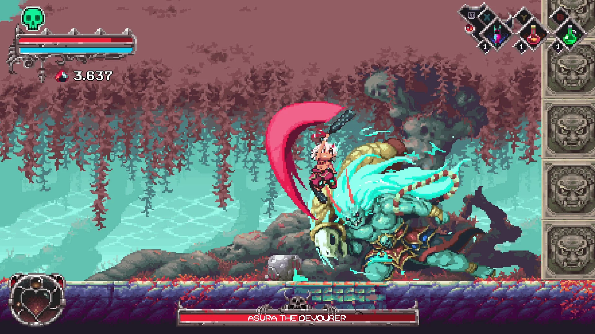 ASURA THE DEVOURERとのボス戦を描いたゲーム画面