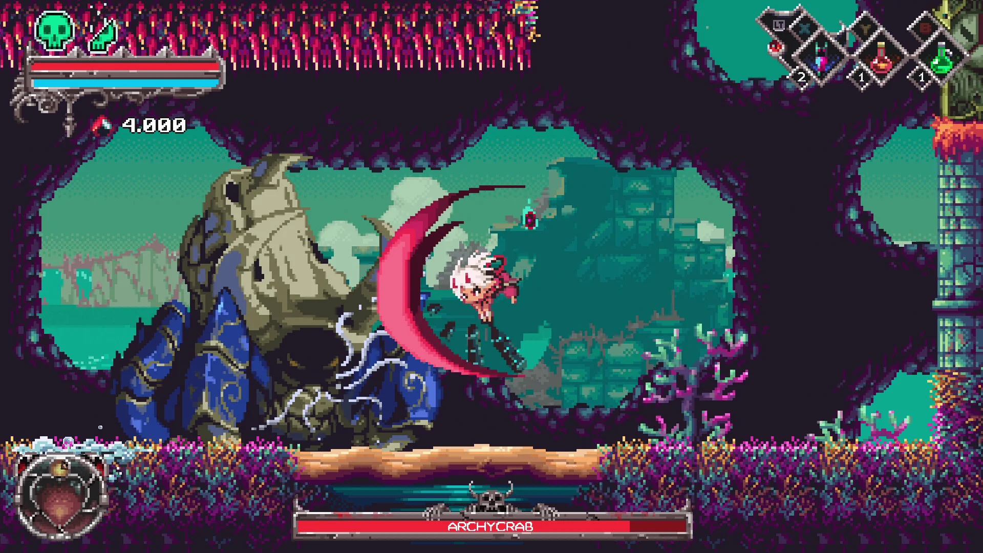 ARCHYCRABのボス戦を描いたドット絵アクションゲーム画面