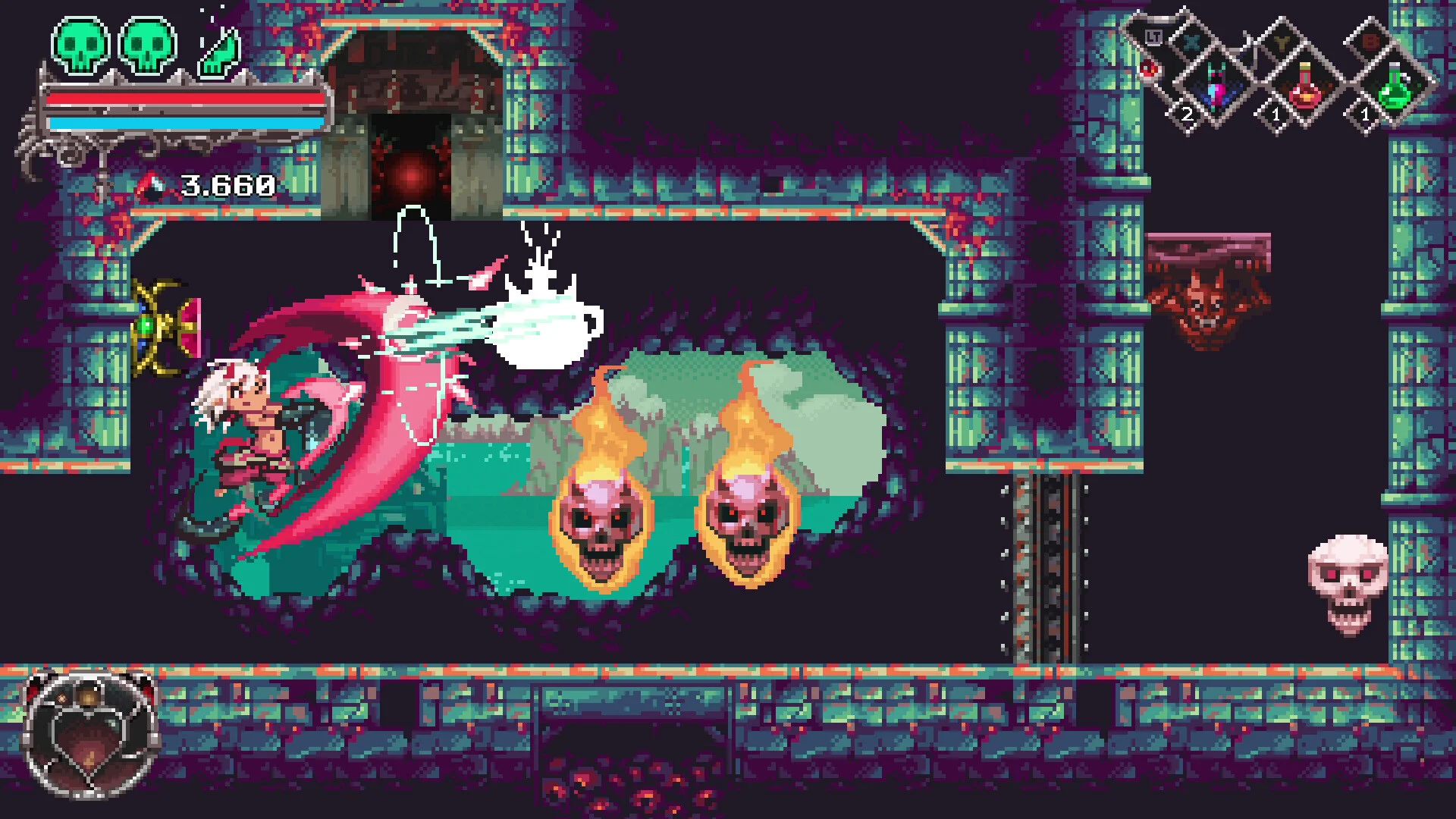 ドット絵アクションゲームの戦闘画面。赤い斬撃と炎をまとうドクロ