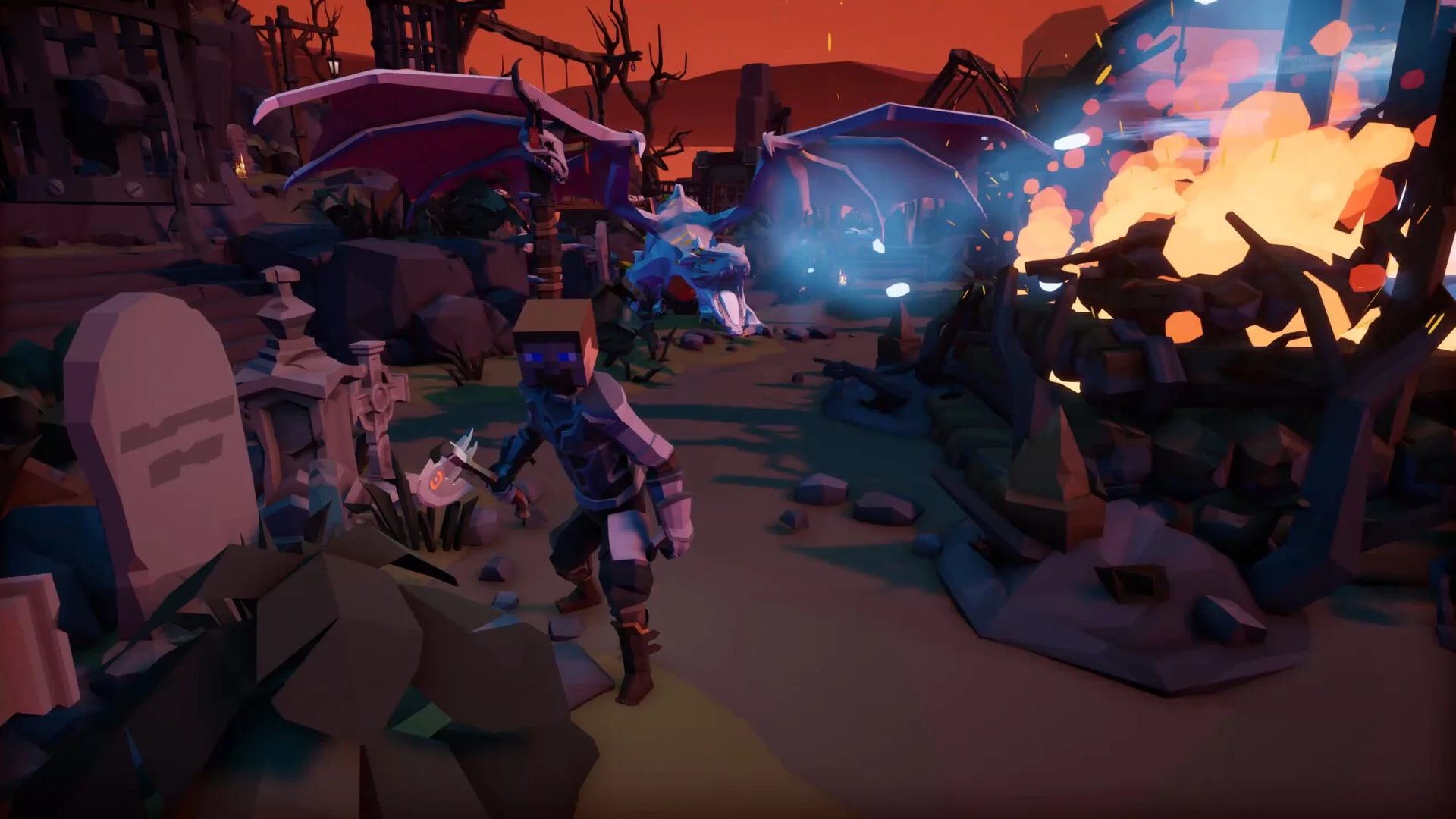 墓石と炎の瓦礫がある夕暮れの墓地で、鎧姿のキャラクターが歩くローポリ調のゲーム画面