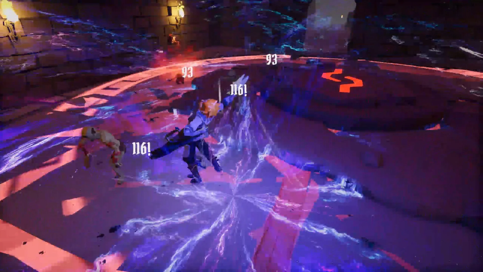 石壁の部屋で剣士が敵と戦い、紫の稲妻とダメージ数値が表示されるゲーム画面
