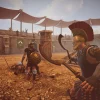 闘技場で剣闘士同士が戦う3Dゲーム画面。観客席と日除けの天幕が見える