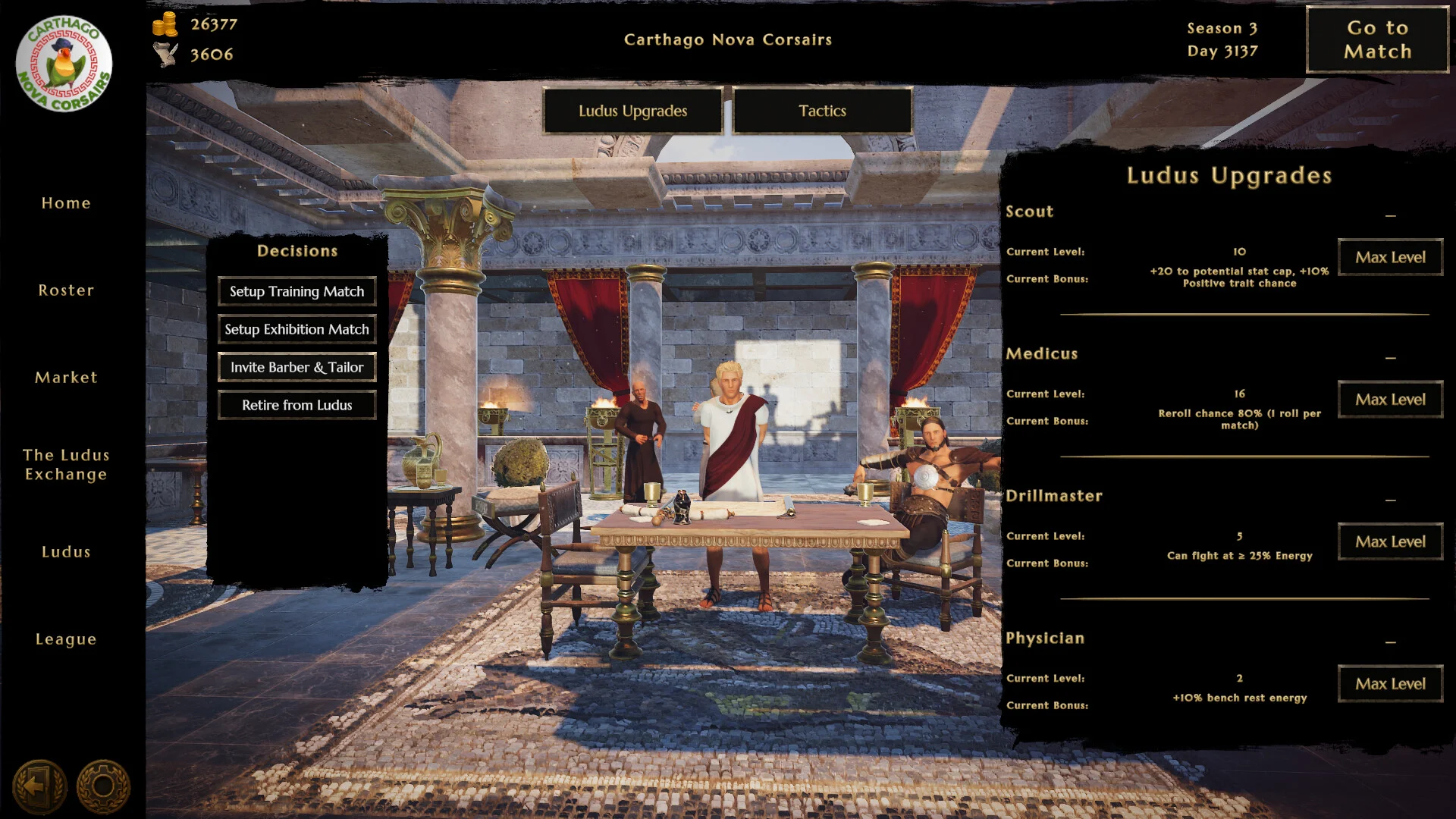 Carthago Nova Corsairs のLudus Upgrades画面。ローマ風の中庭と強化項目一覧