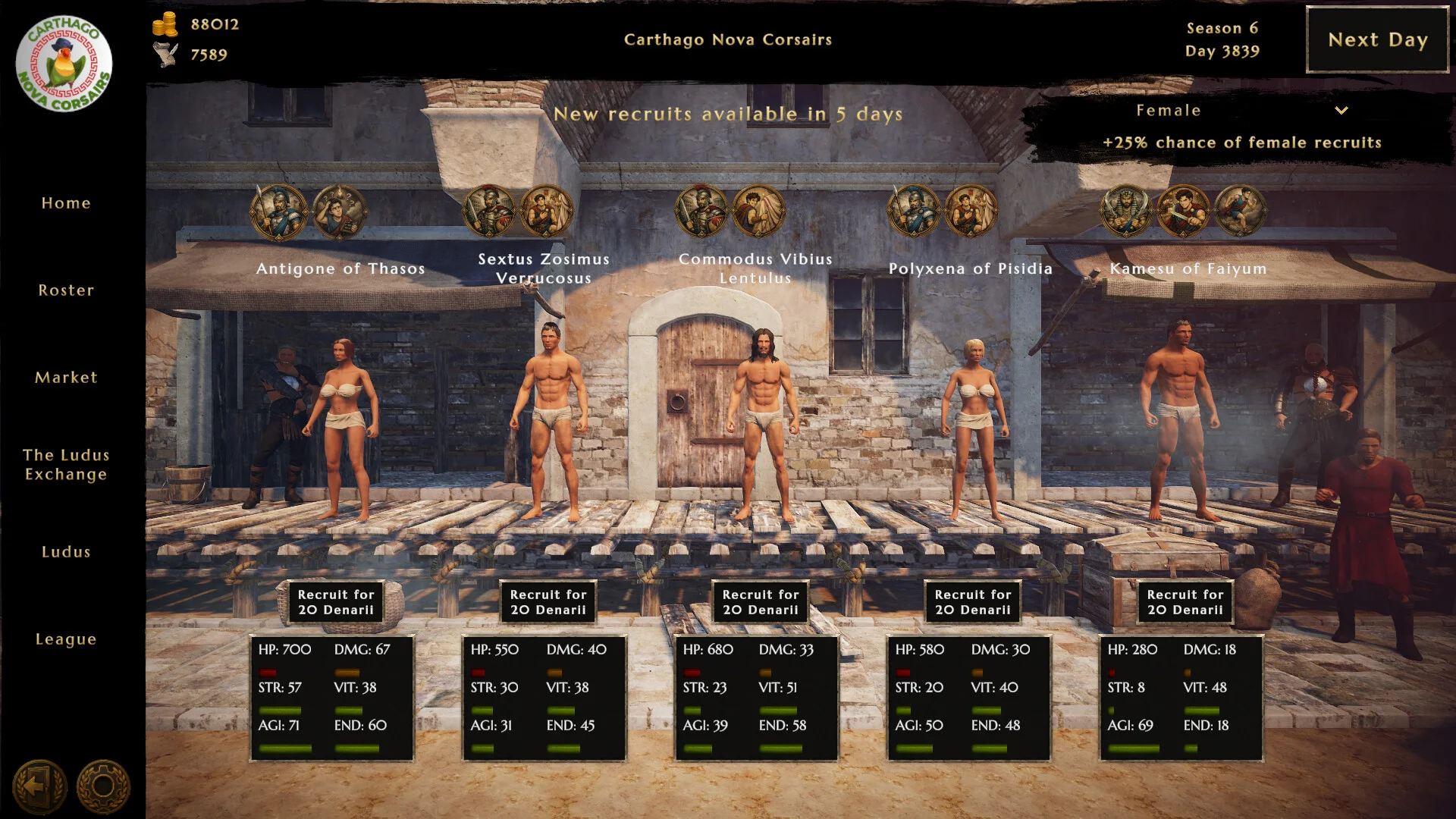 Carthago Nova Corsairs の新規募集画面。5人の候補とステータスを表示