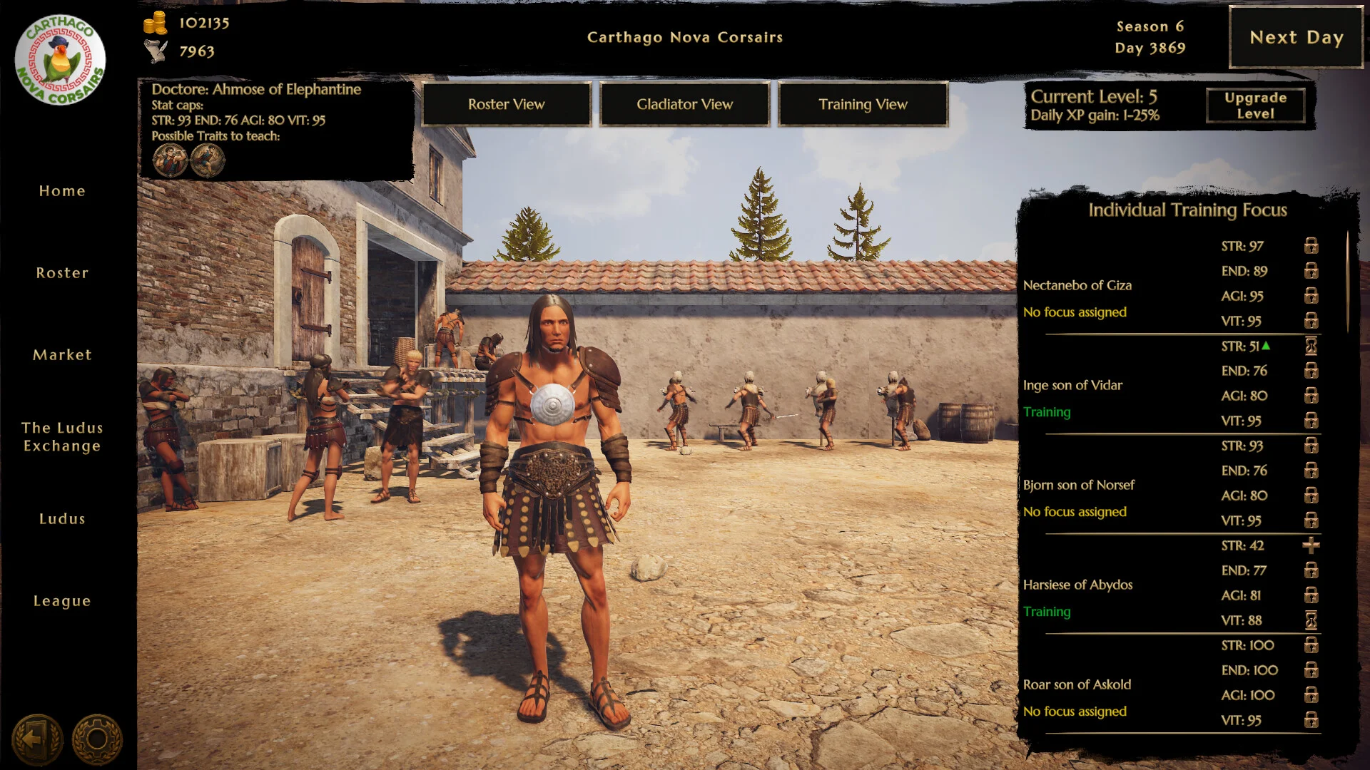 Carthago Nova Corsairs のロースター画面、中央に剣闘士と訓練設定一覧