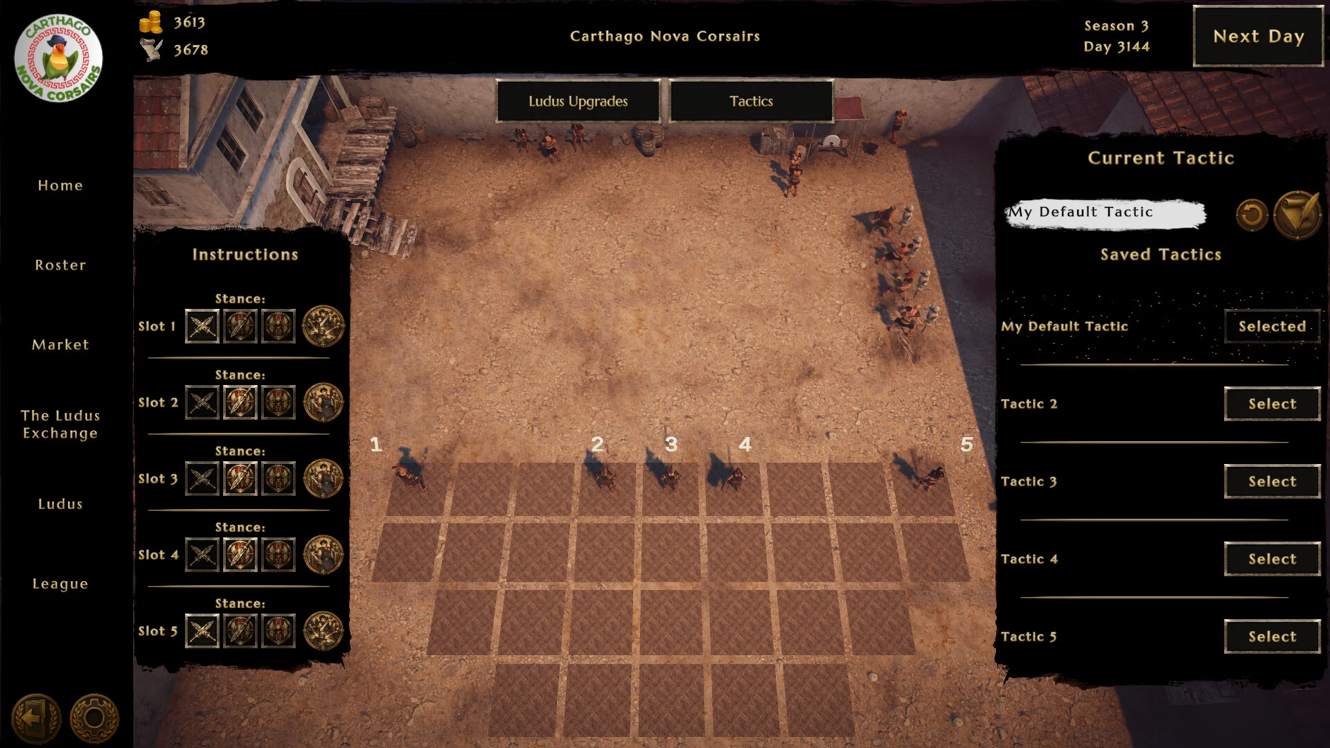 Carthago Nova Corsairs のTactics画面。配置グリッドと保存戦術一覧