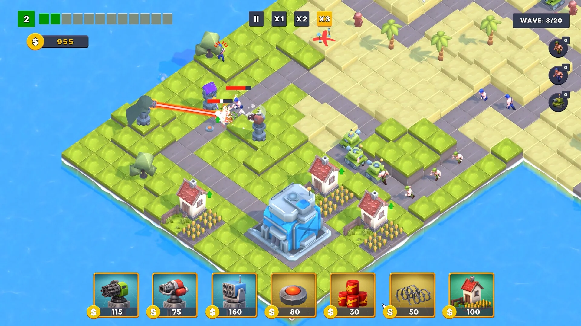 島上でタワーディフェンスを行うゲーム画面。下部に防衛ユニット選択バー