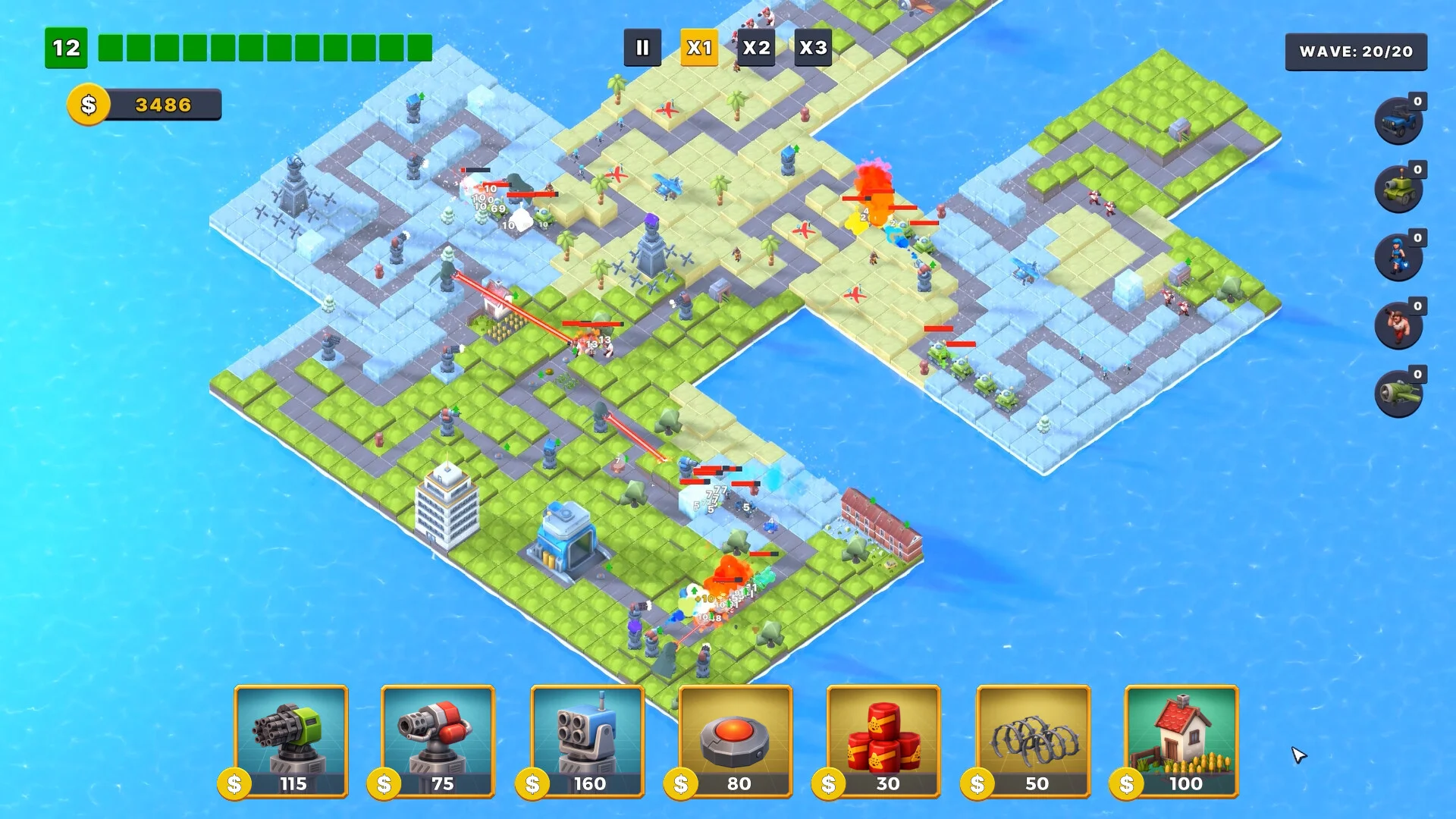 ボクセル風の島で防衛タワーを配置するタワーディフェンスのゲーム画面
