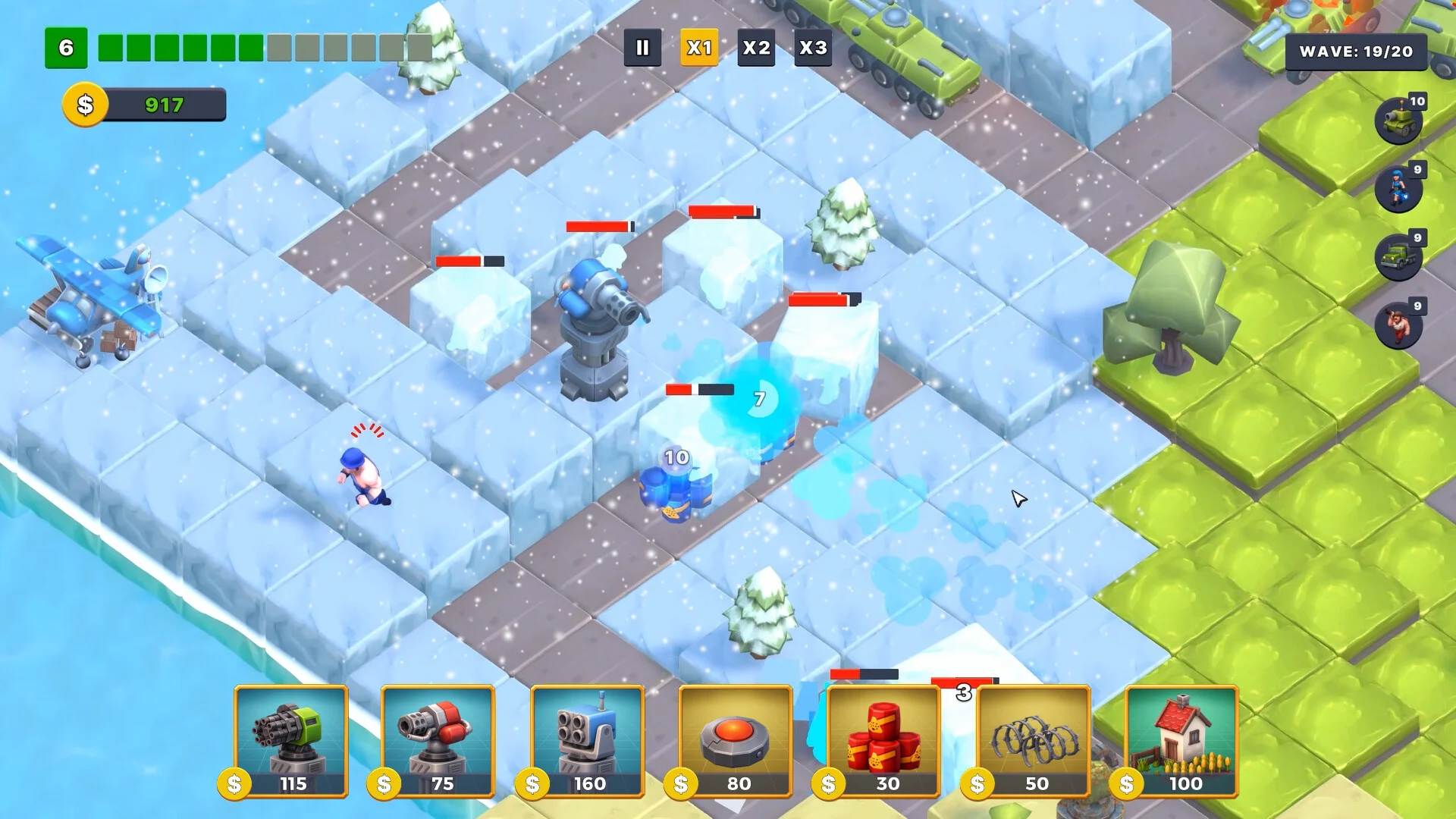 氷のブロックが並ぶ戦場でタワーと敵が戦うゲーム画面