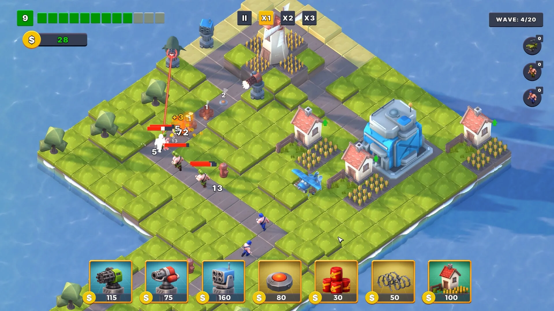 海上の島でタワーを配置して敵を迎え撃つ、ゲームプレイ画面