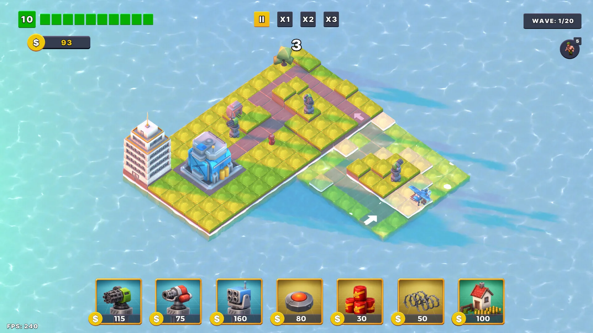 海上の島でタワーを配置するタワーディフェンスのゲーム画面